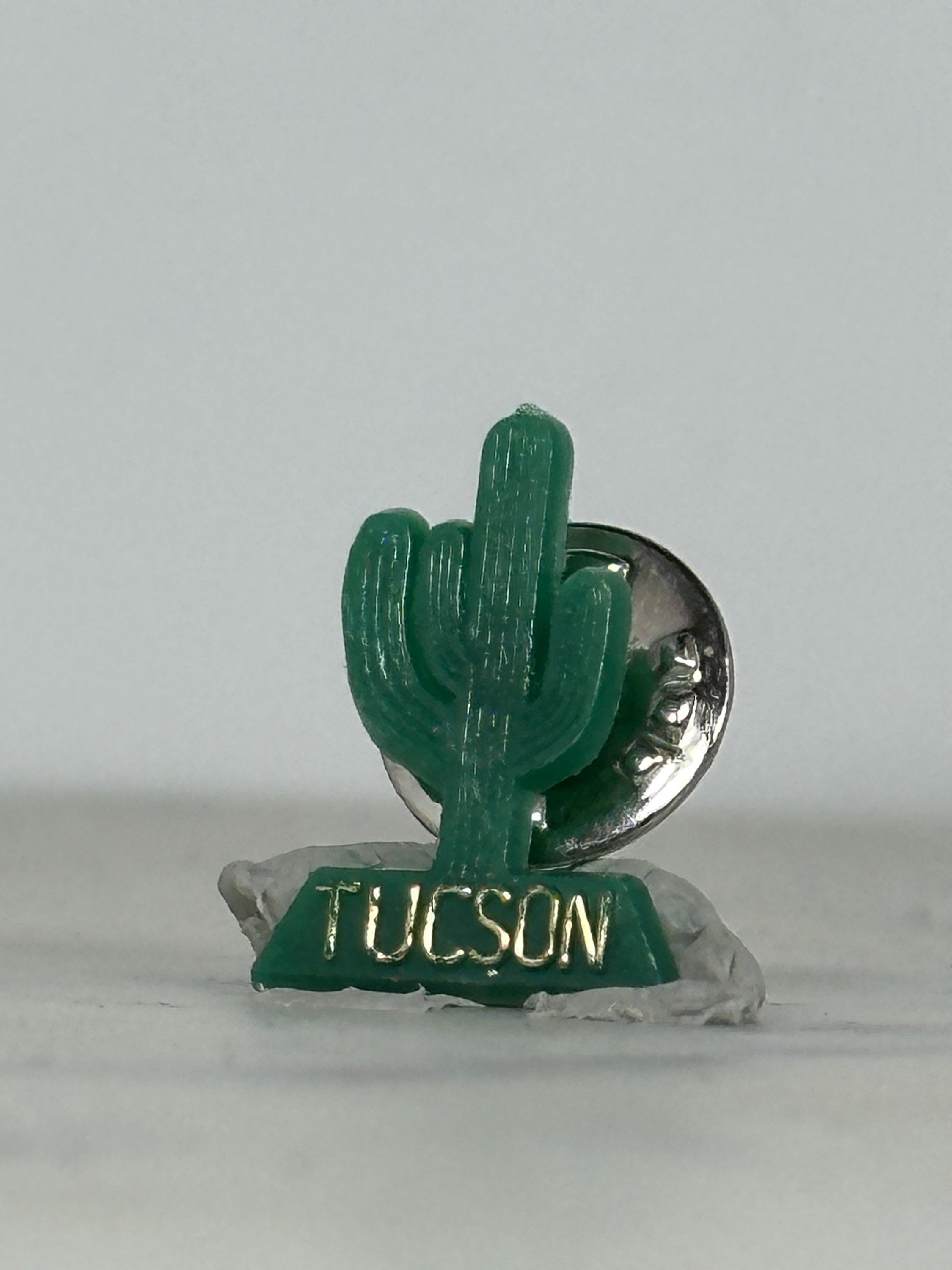 Tucson Cactus Souvenir Pin: Green Plastic with Gold Lettering - Retro Travel Accessory