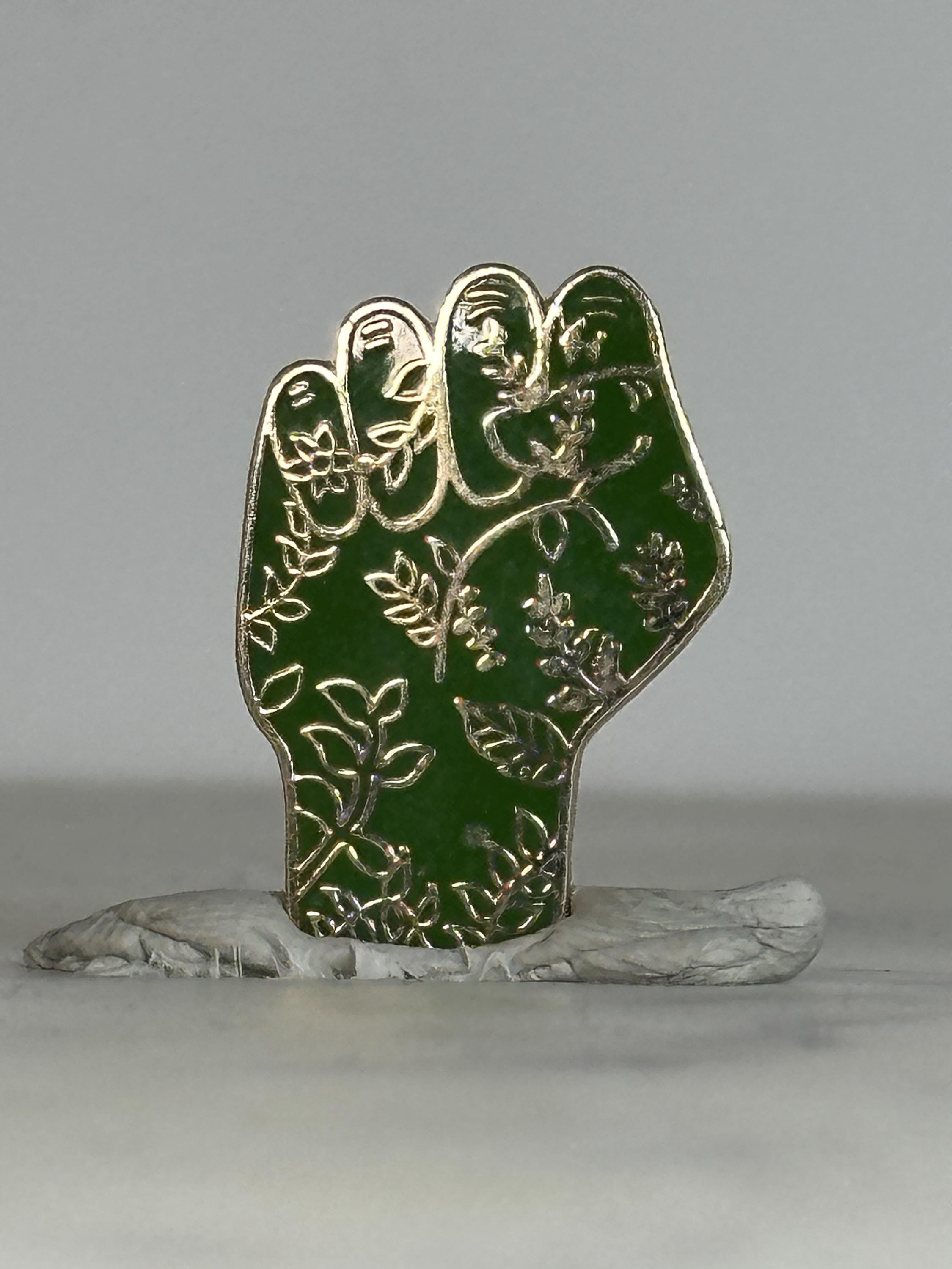 Fist Enamel Pin: Green with Gold Floral - Botanical Empowerment Accessory