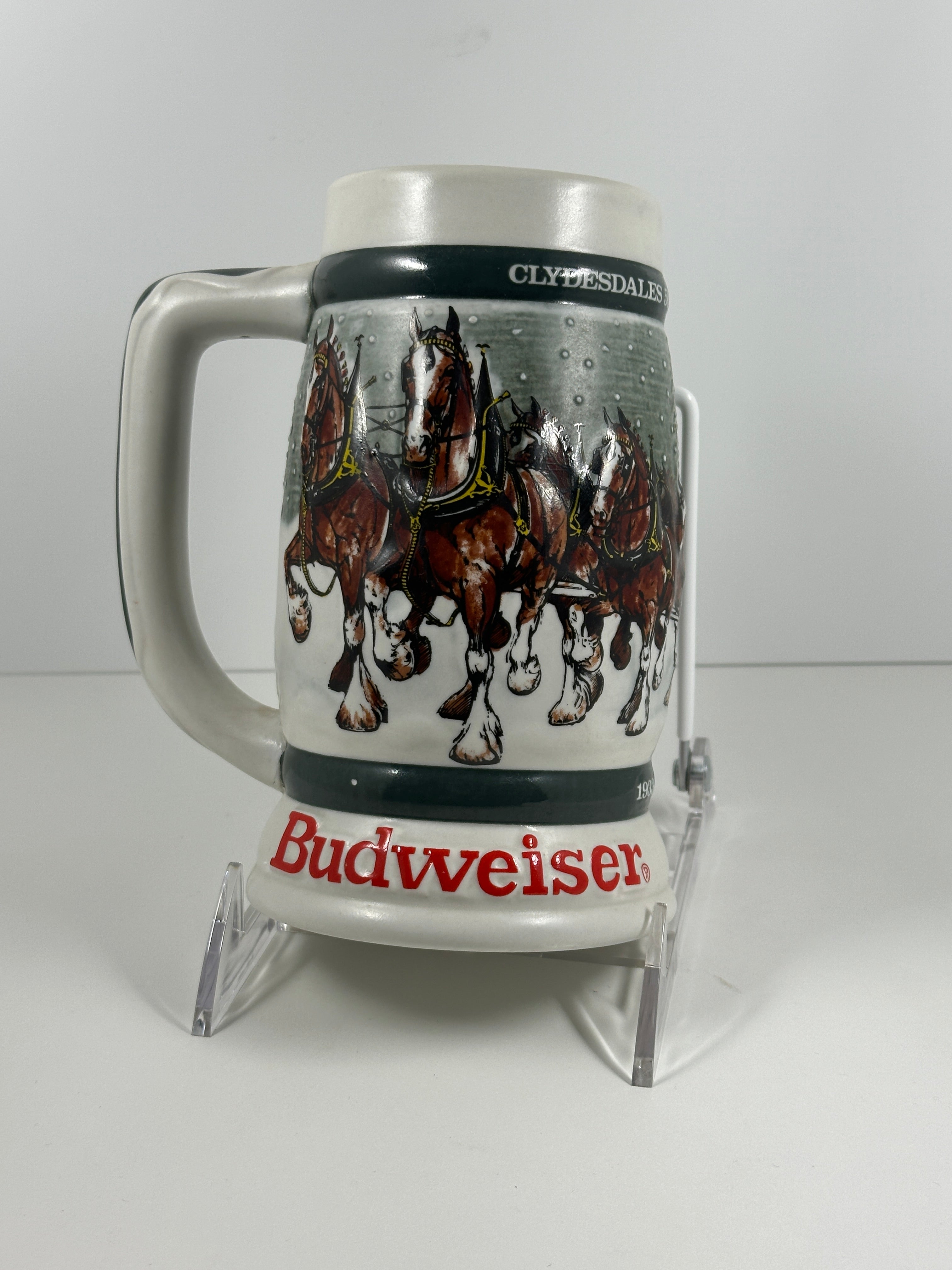 Budweiser Clydesdales 50th Anniversary 1933–1983 ceramic mug by Ceramarte with horse team design
