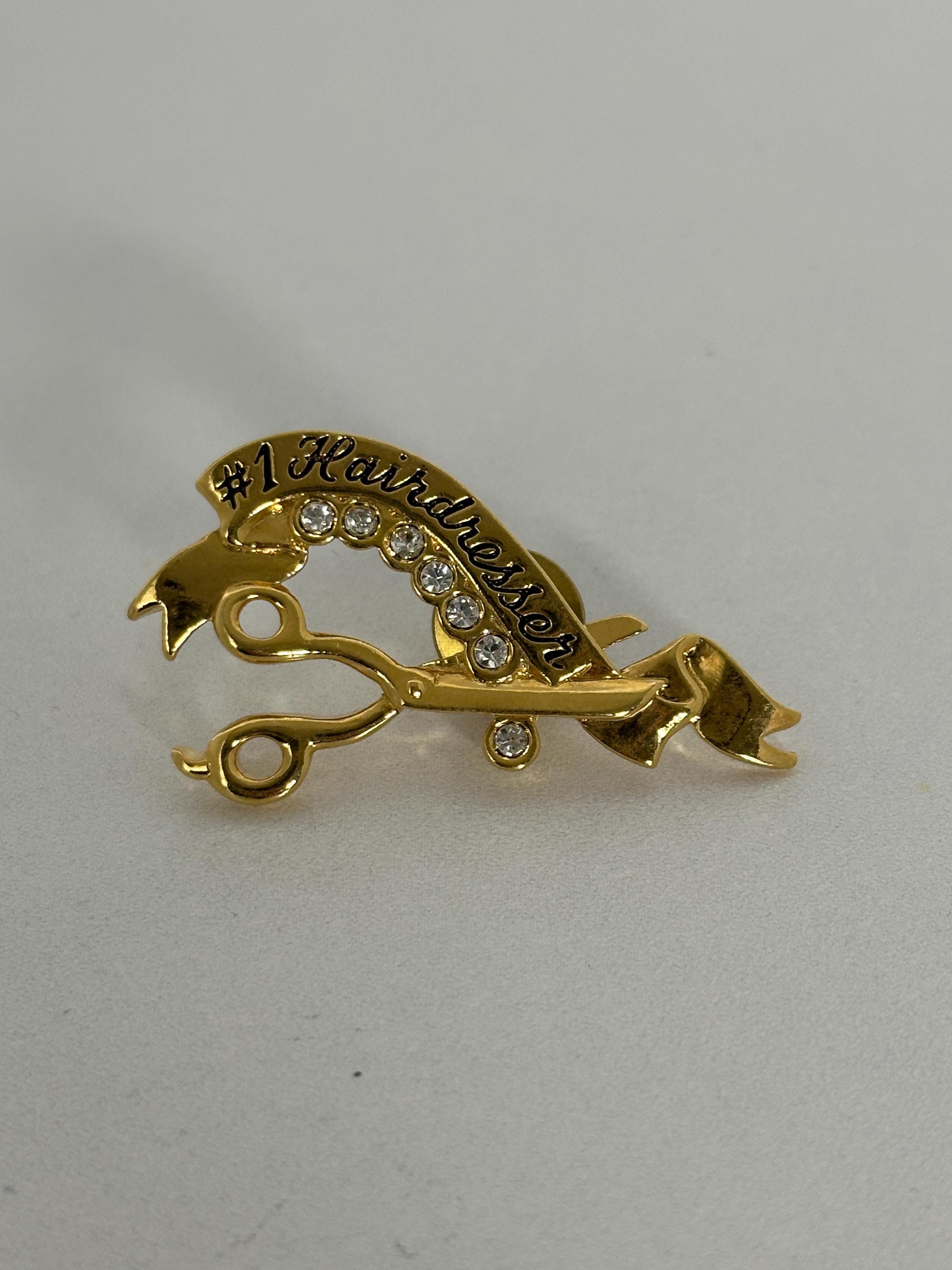 Number 1 Hairdresser Enamel Pin: Gold & Rhinestone Finish - Retro Salon Accessory