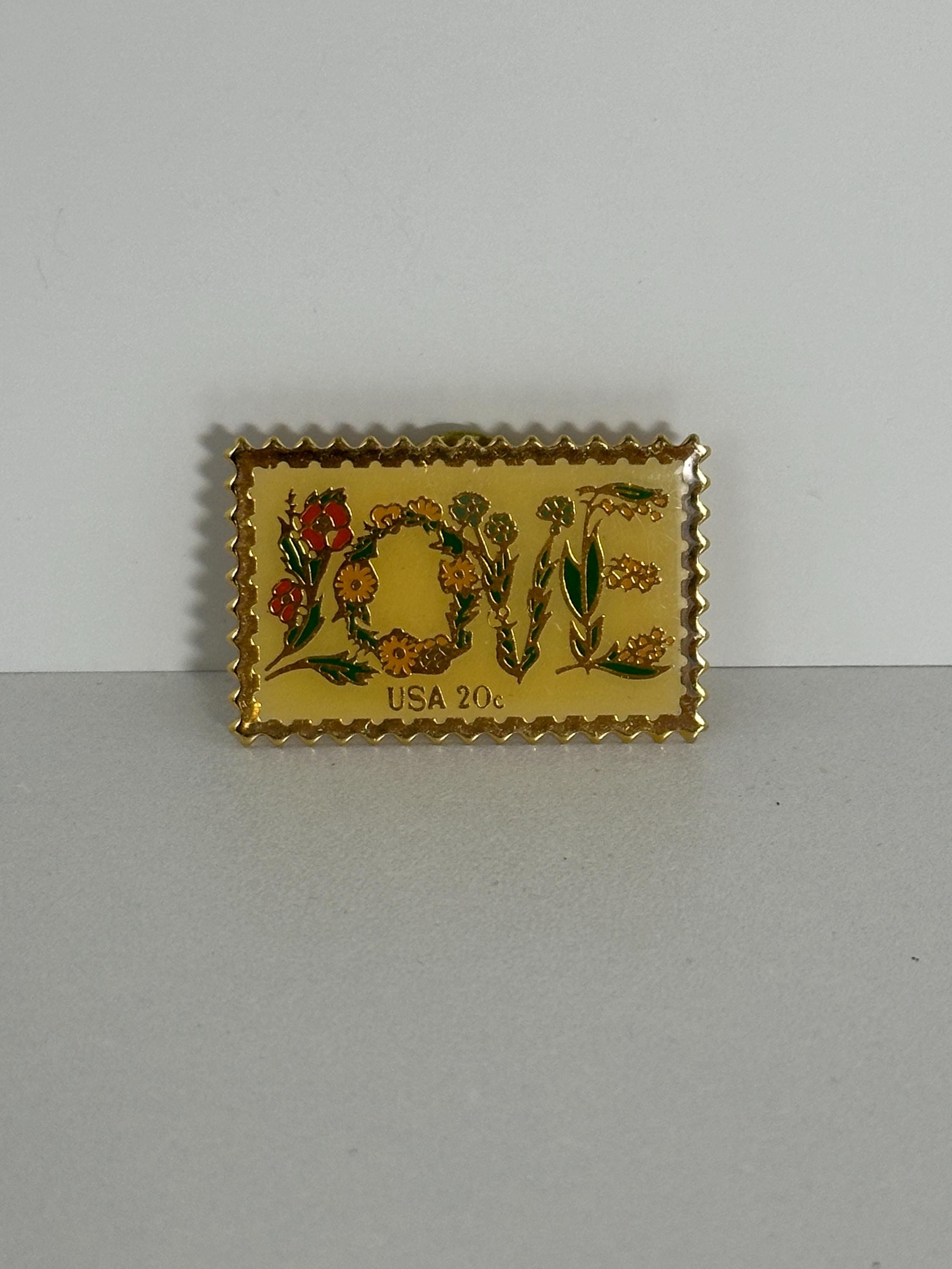 LOVE Postage Stamp Enamel Pin: Gold Tone Floral - Vintage-Inspired Accessory