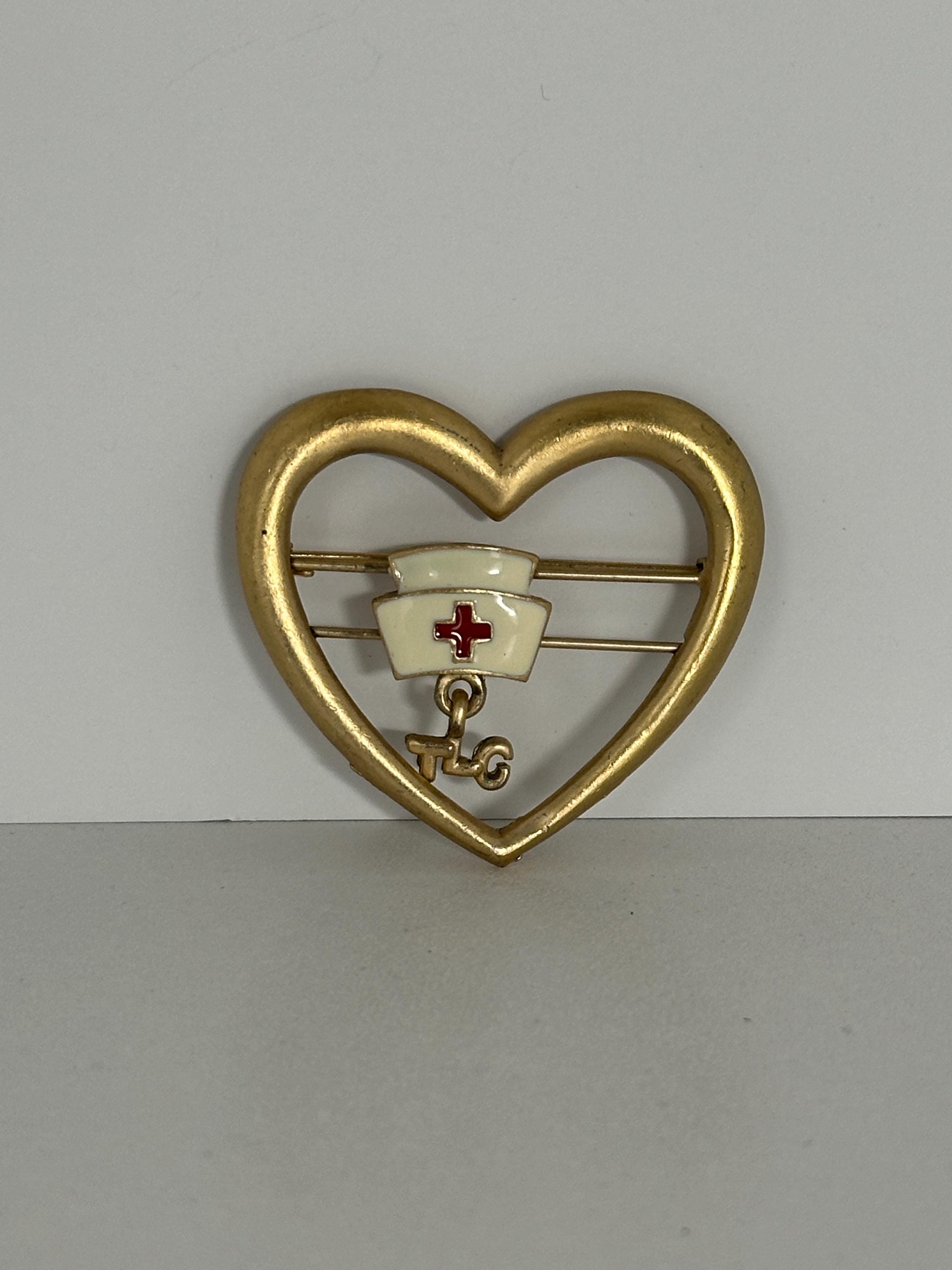 Nurse Heart Enamel Pin: Gold Tone with Red Cross - Vintage Medical Accessory
