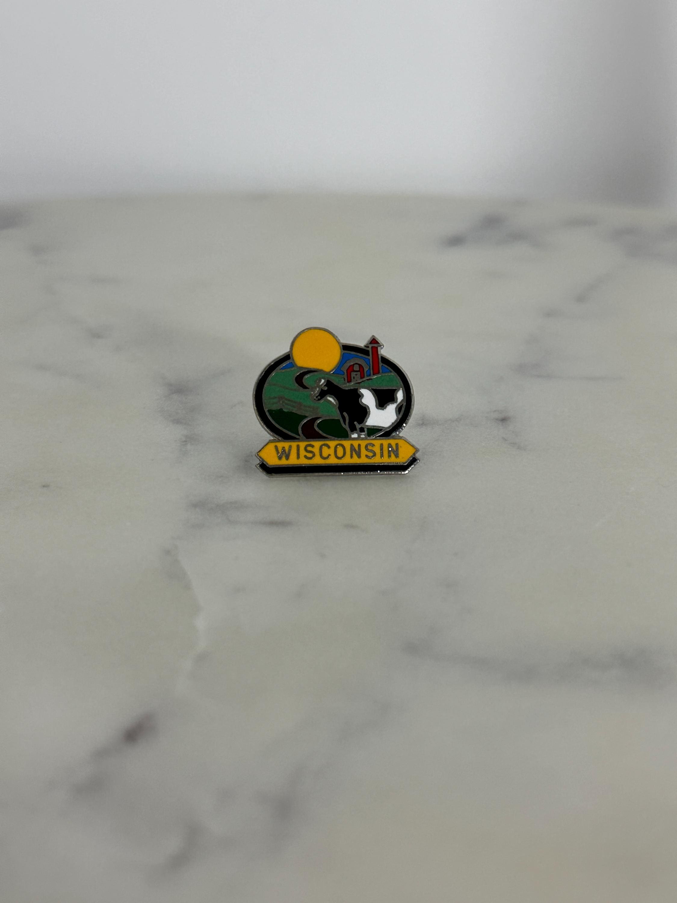 Wisconsin Souvenir Enamel Pin: Colorful Farm Scene - Retro Travel Accessory