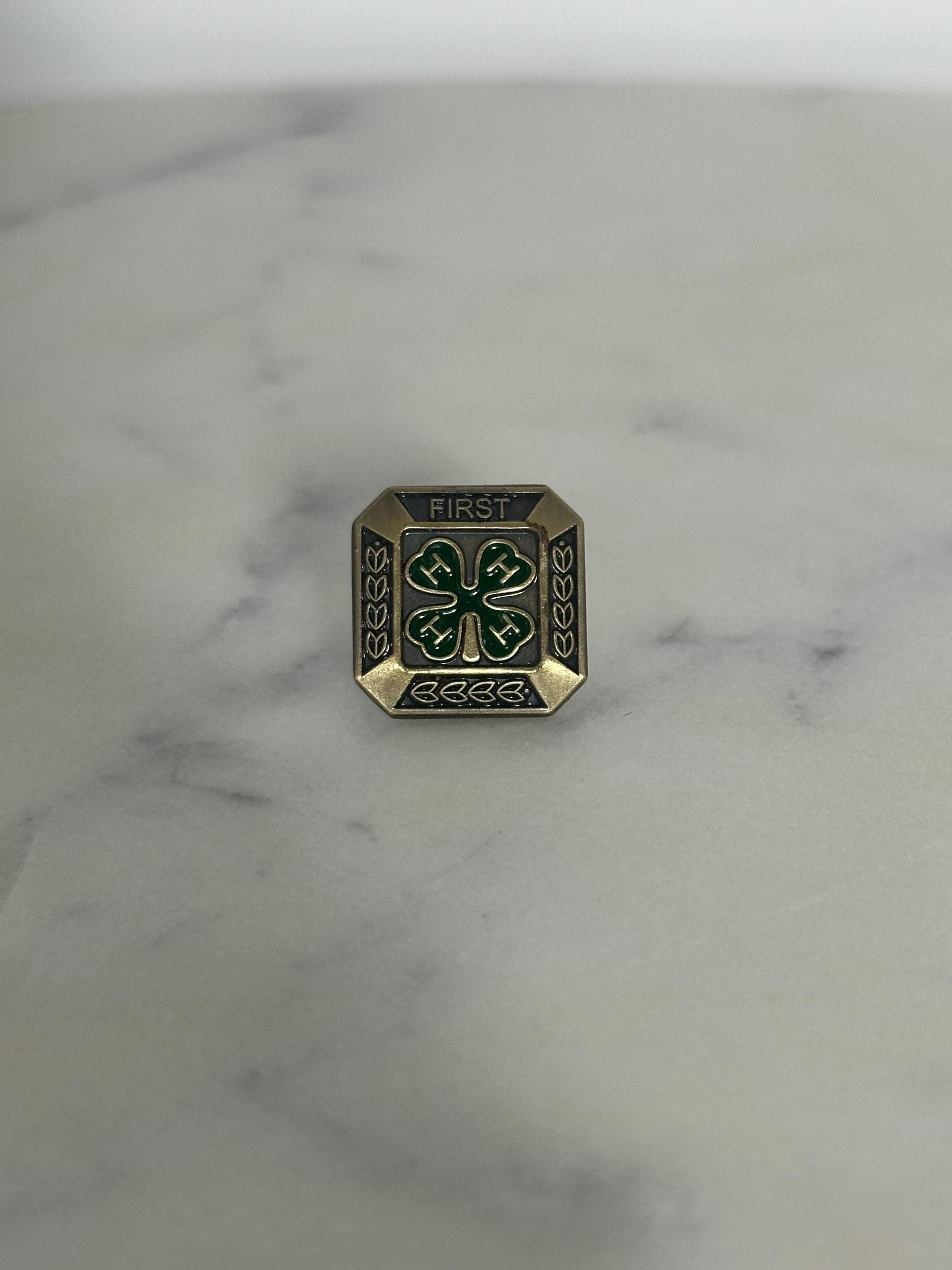 4-H First Place Enamel Pin: Antique Brass Green Clover - 1980s Award Accessory