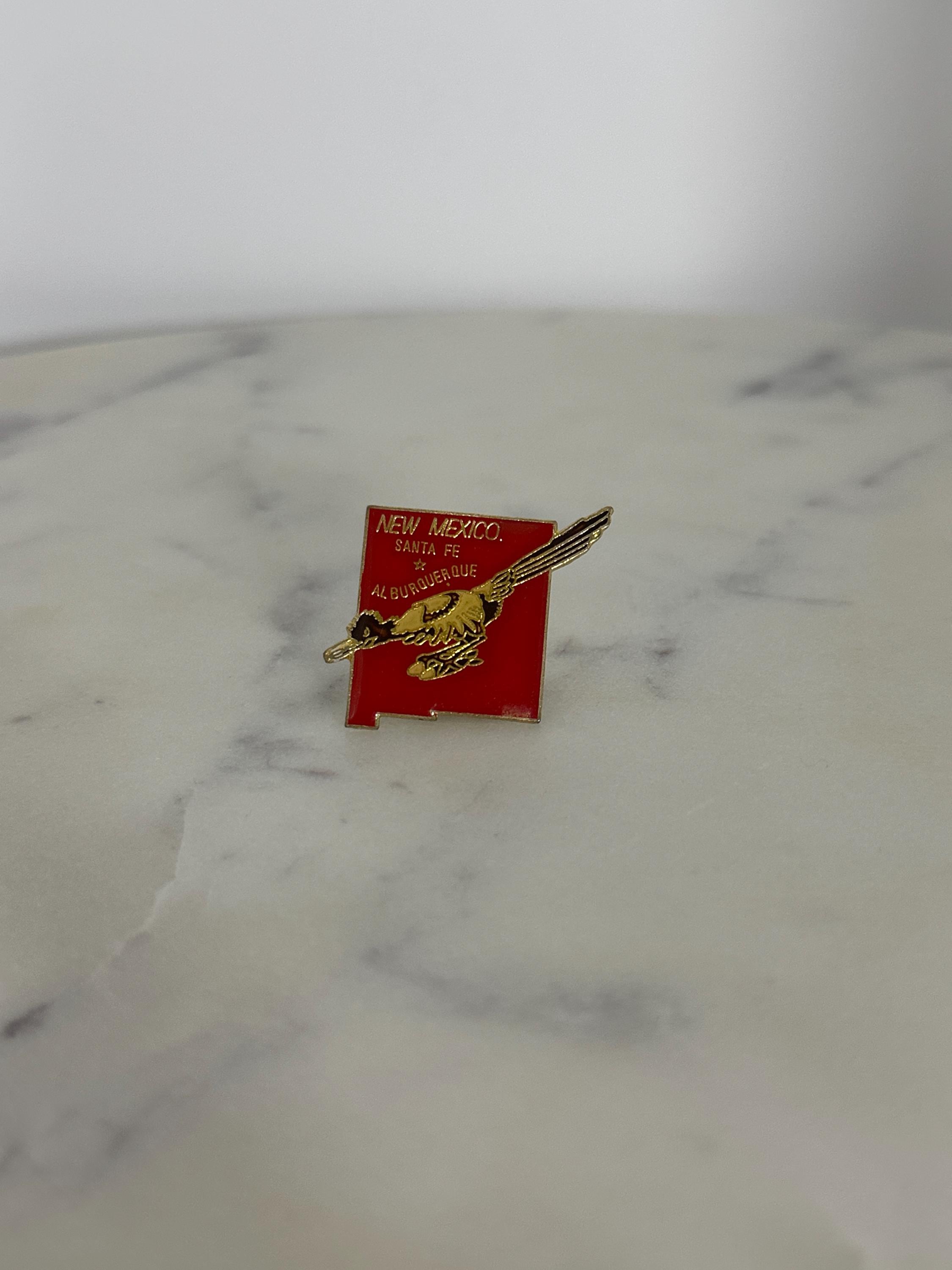 New Mexico Roadrunner Enamel Pin: Red & Gold State Shape - Vintage Travel Accessory