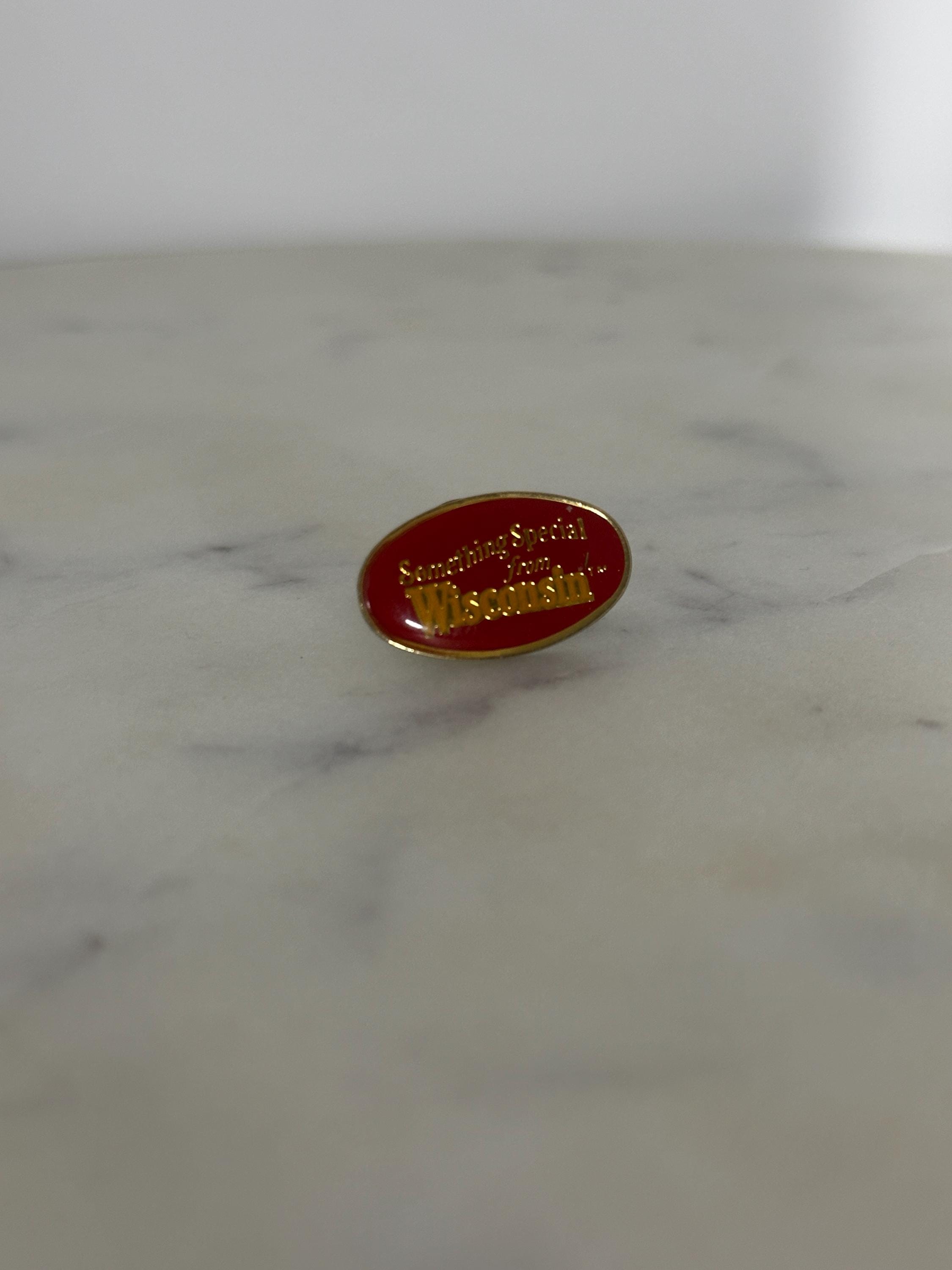 Wisconsin Souvenir Enamel Pin: Red & Gold Oval - Vintage Travel Accessory