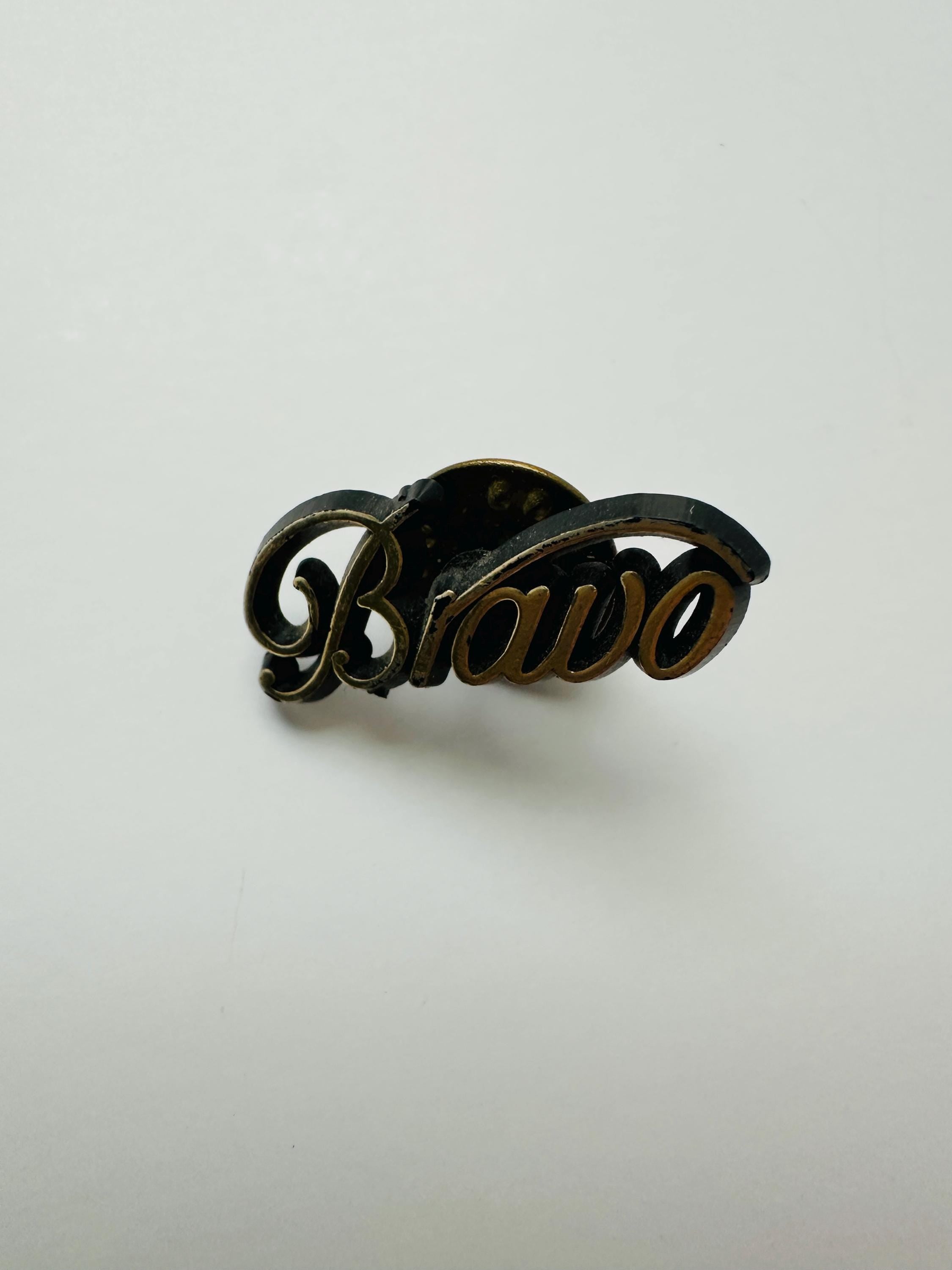 Bravo Enamel Pin: Black & Gold Script - Retro Theater Gift