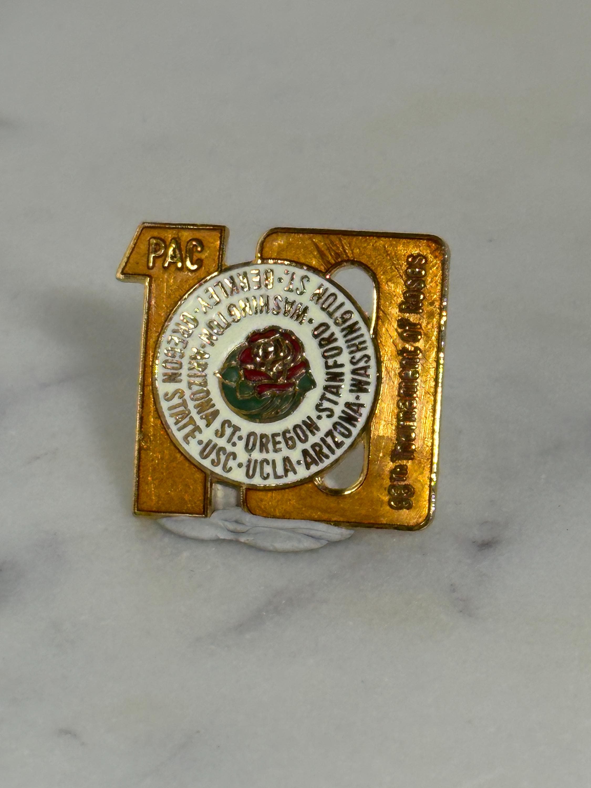 PAC-10 Sports Enamel Pin: Gold Red Rose - Vintage College Football Accessory