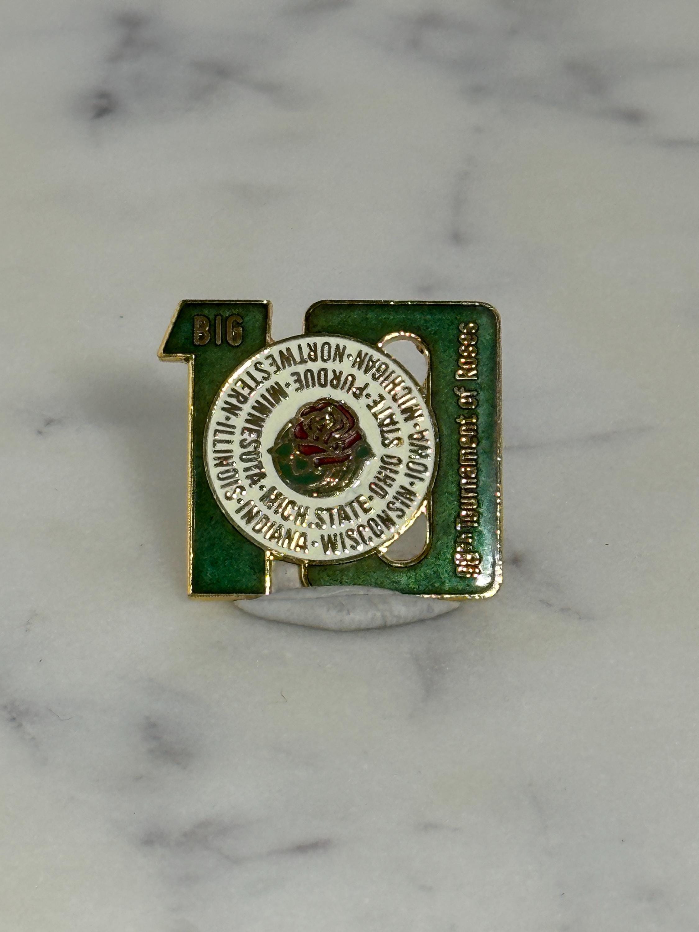Big Ten Sports Pin: Green Enamel Gold Trim - Vintage College Accessory