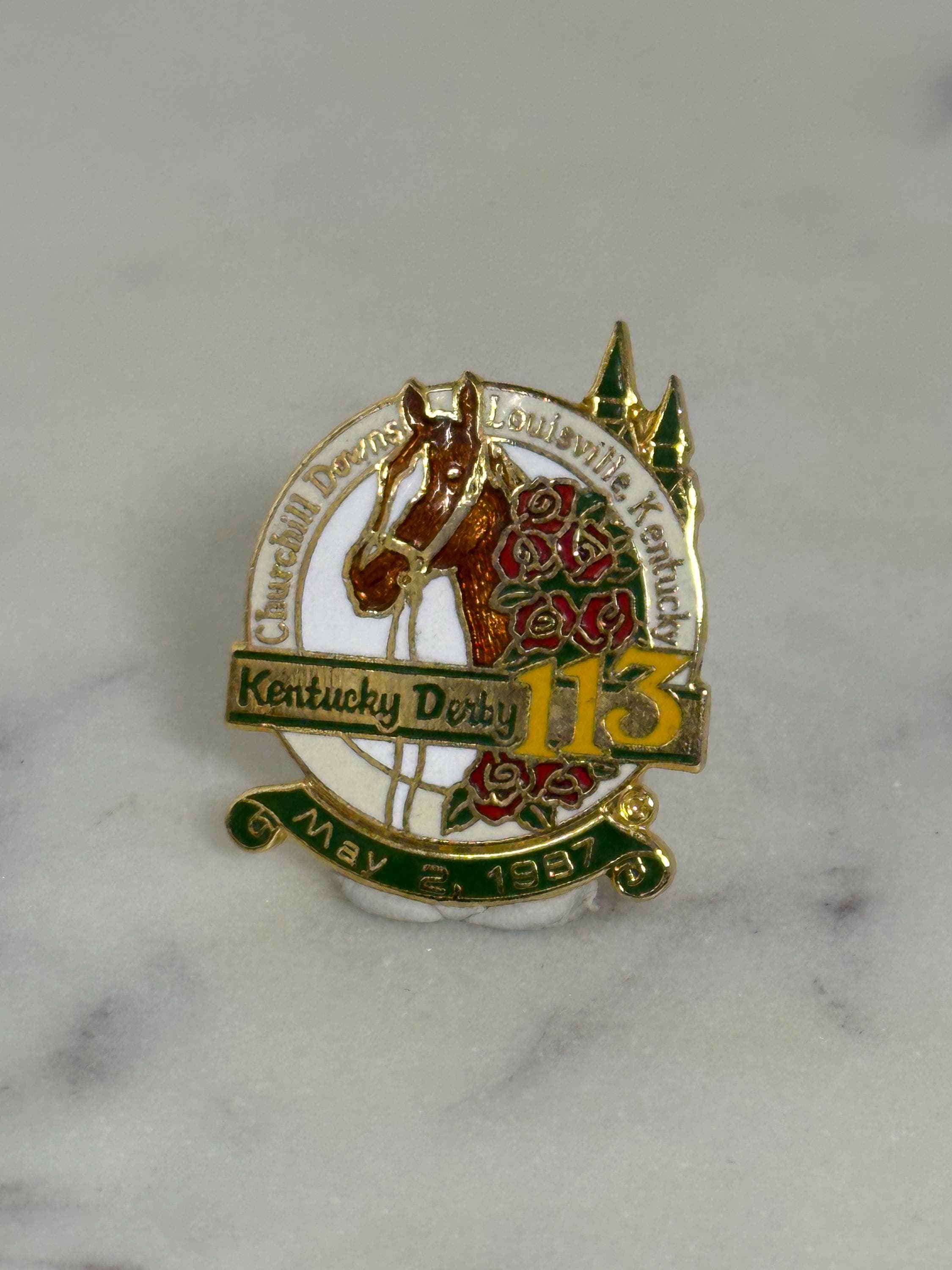Kentucky Derby 113 Enamel Pin: Gold & Green Finish - 1987 Racing Accessory