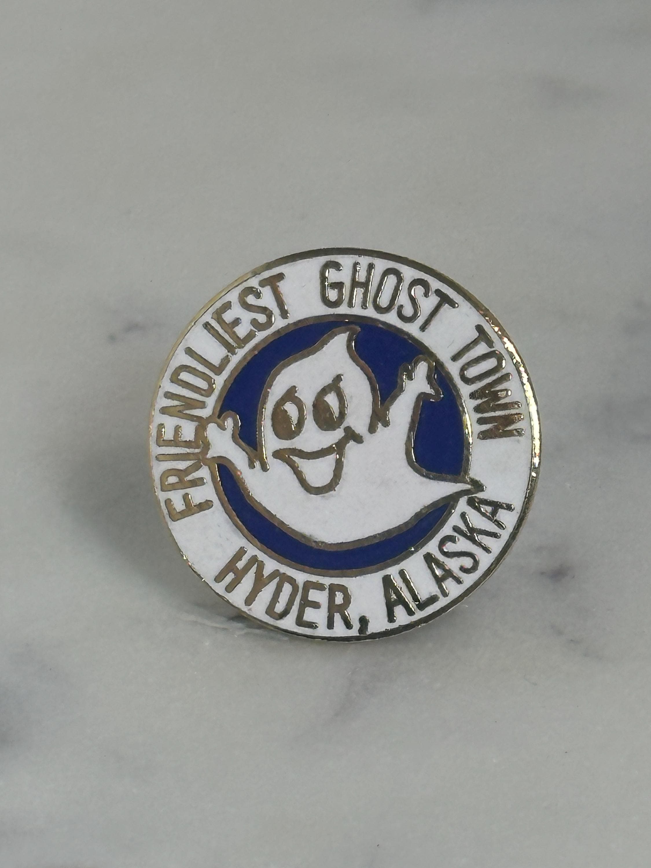 Hyder Alaska Ghost Town Pin: White & Blue Enamel - Vintage Travel Accessory