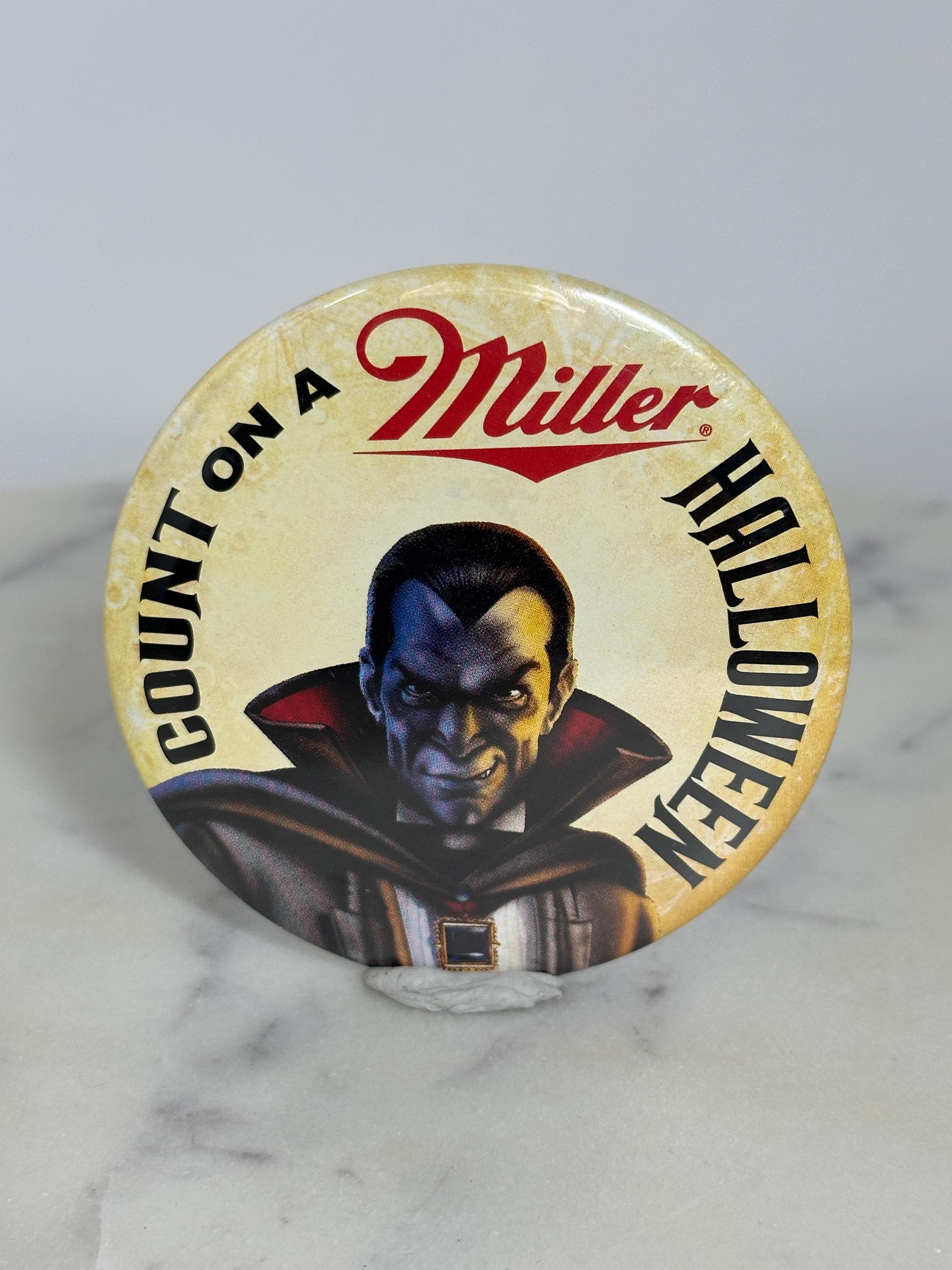 Miller Beer Dracula Pinback Button: Vintage Promo - Halloween Accessory