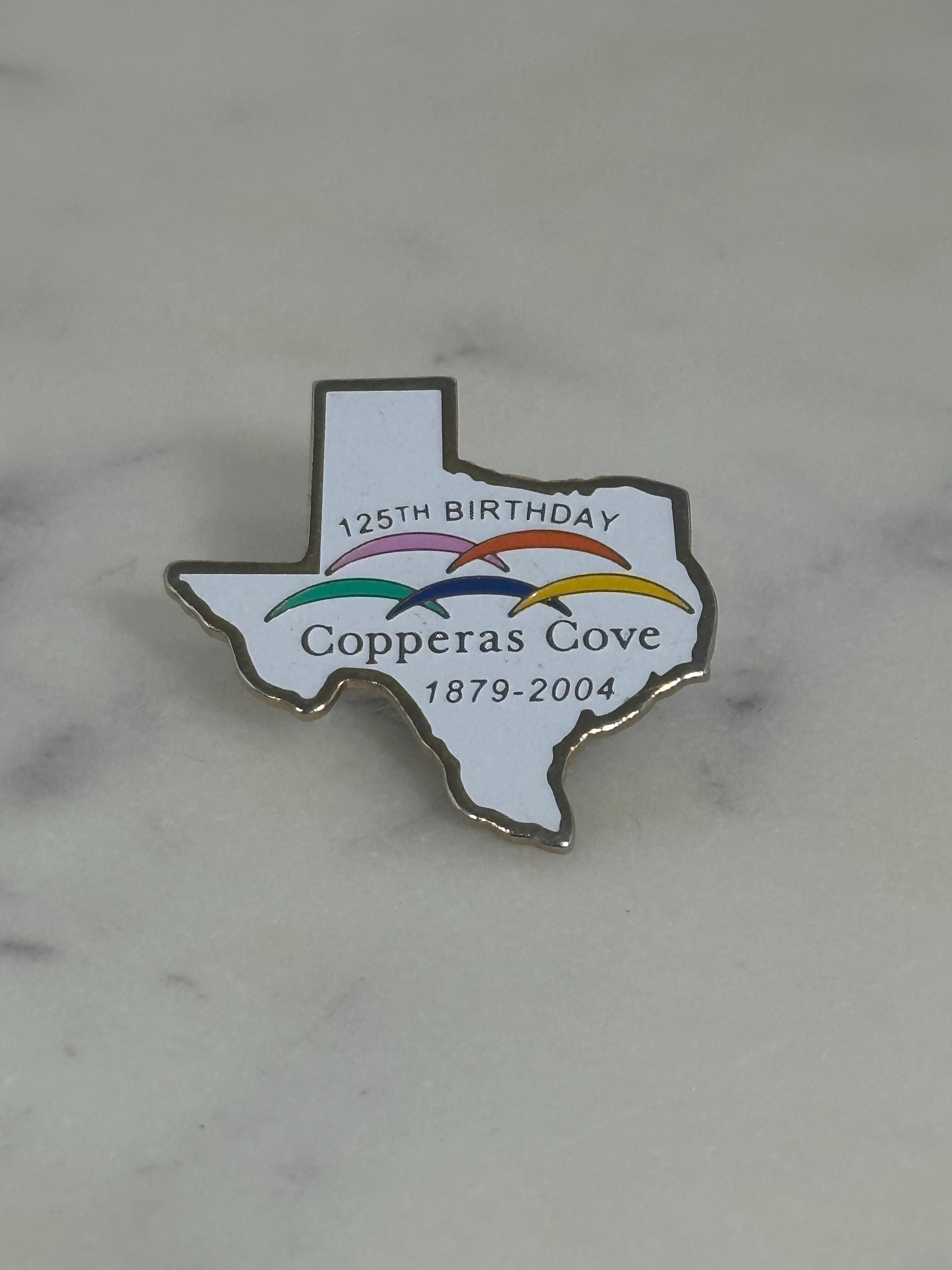 Texas Shaped Enamel Pin: White Multi-Color Finish - 125th Birthday Accessory