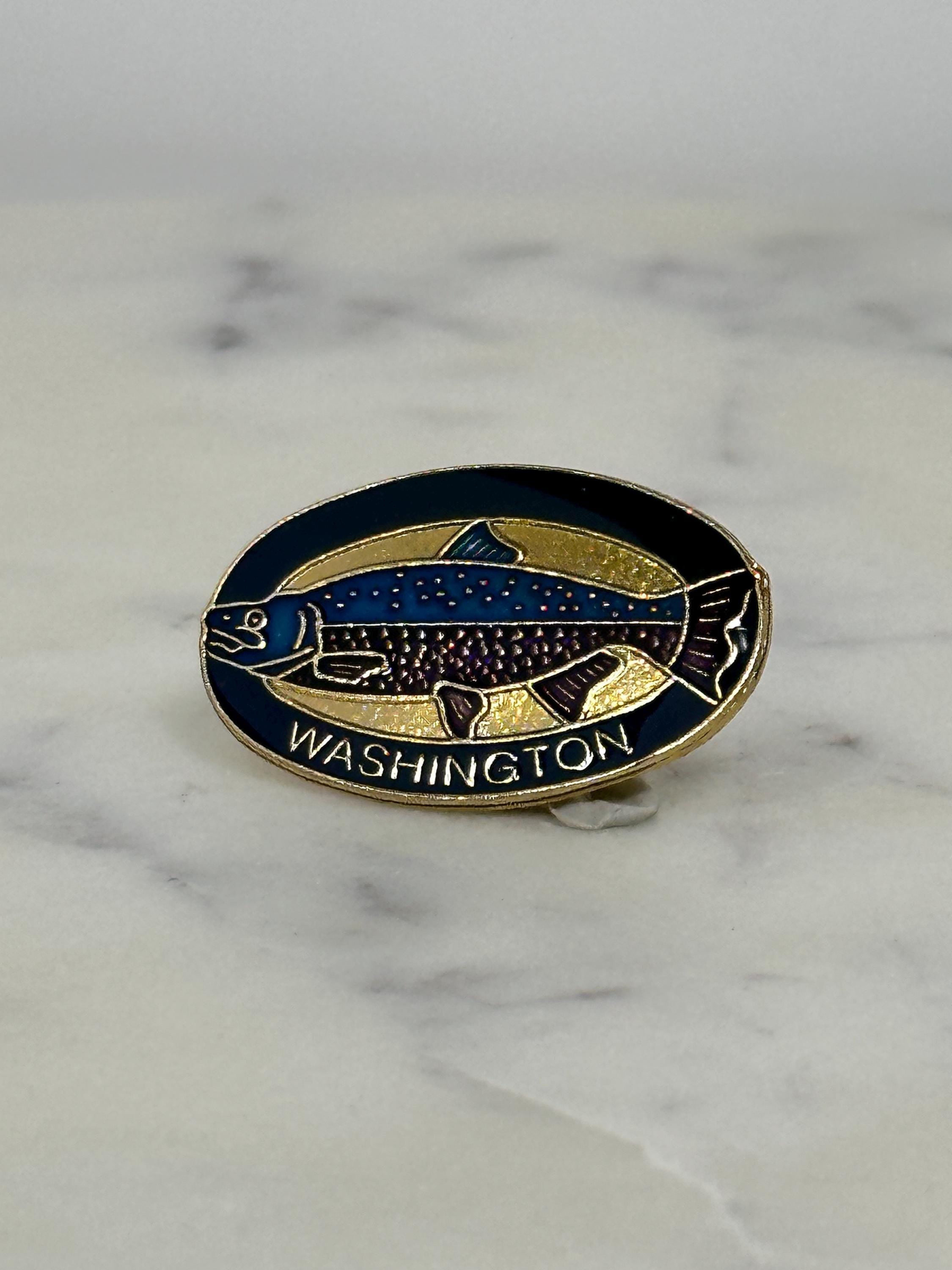 Washington Fish Enamel Pin: Oval Blue Gold Finish - Souvenir Collectible