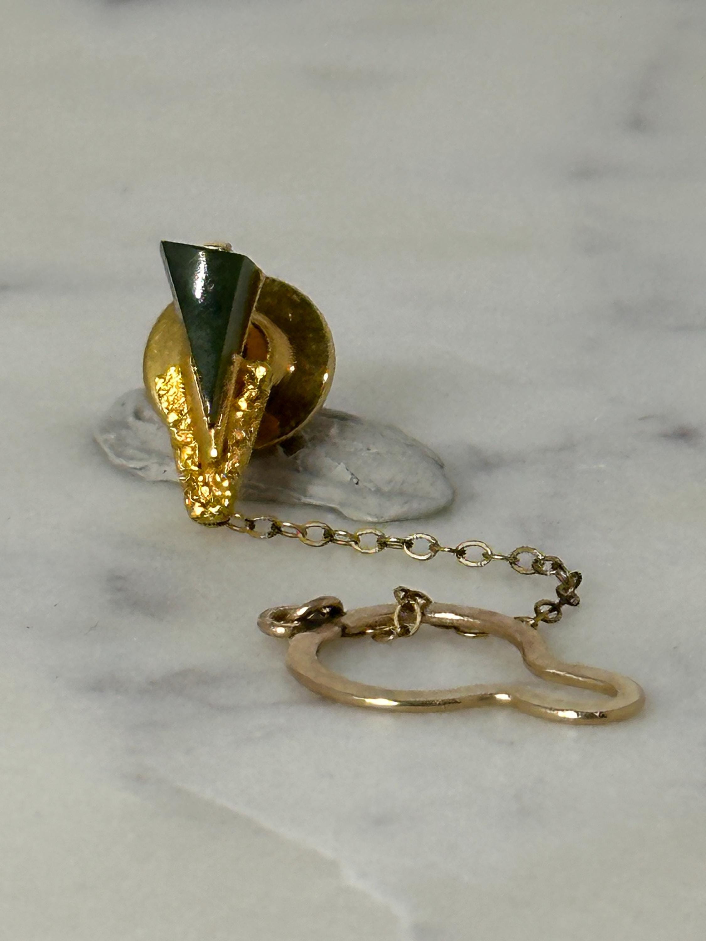 Abstract V Tie Tack Pin: Gold Green Enamel - Retro Vintage Accessory