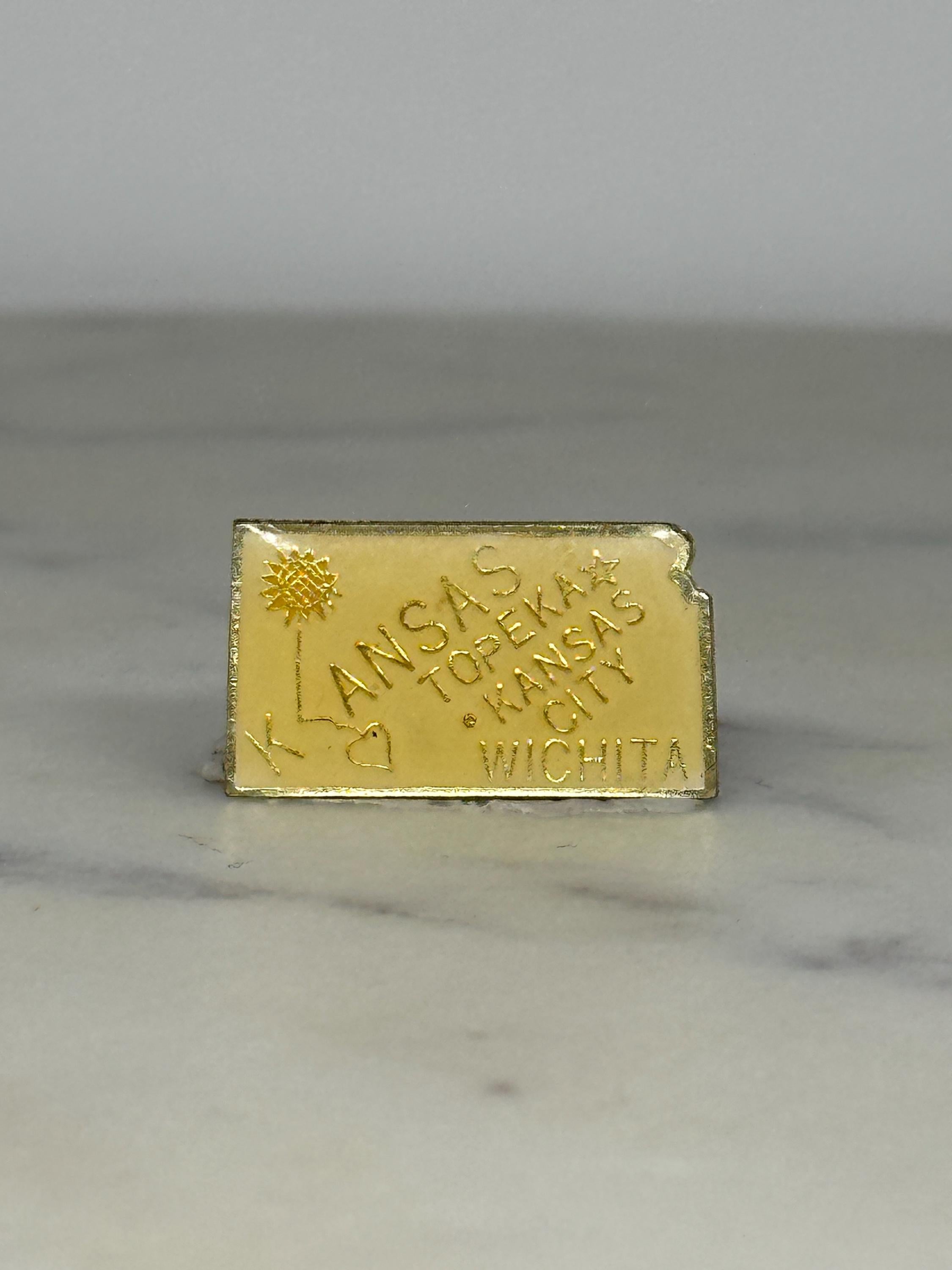 Kansas State Souvenir Pin: Gold Tone Enamel - Vintage Travel Accessory