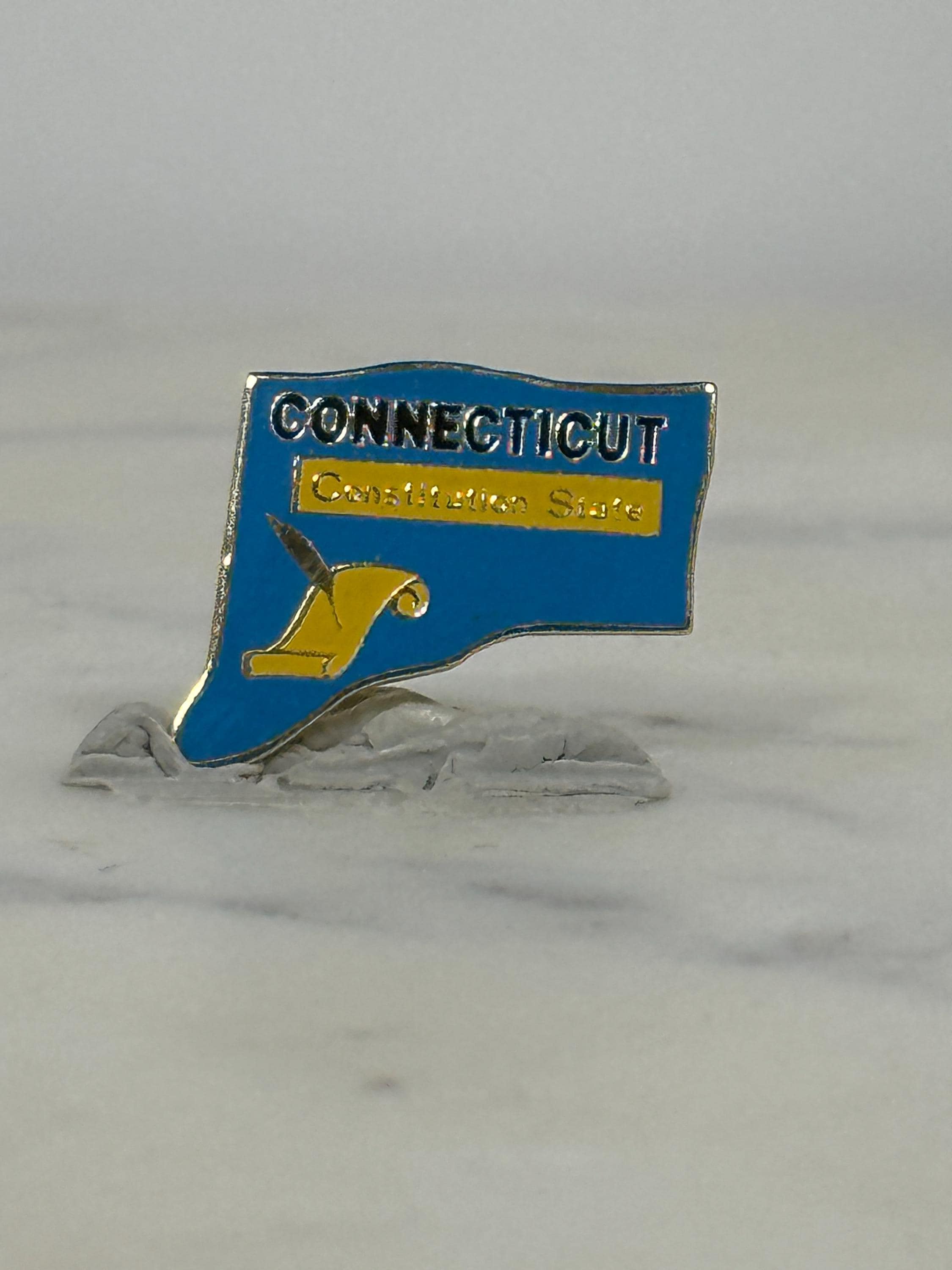 Connecticut State Enamel Pin: Blue Yellow Gold Tone - Vintage Travel Accessory