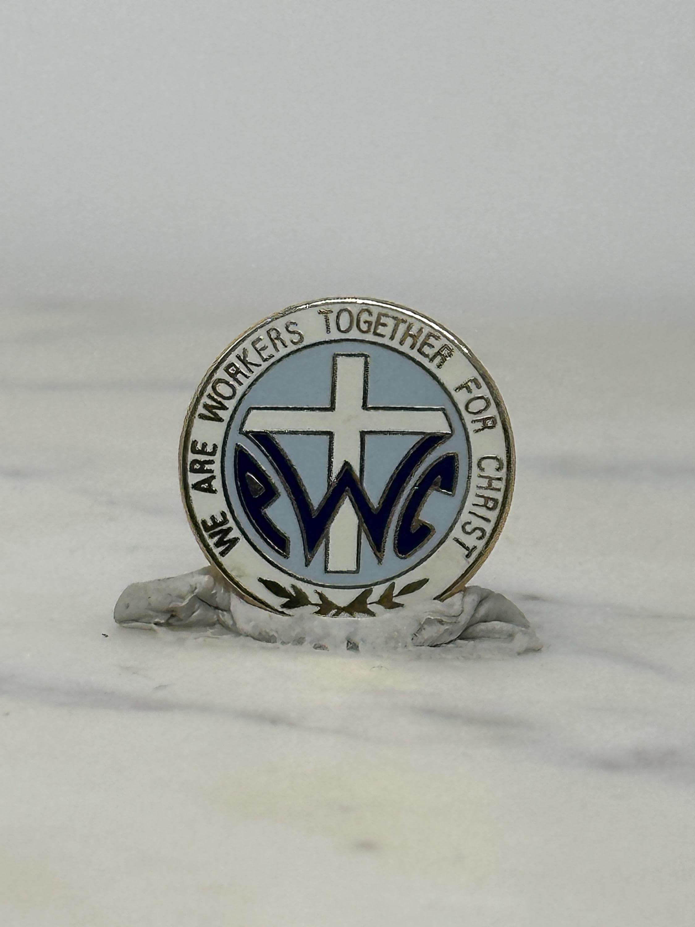PWCG Christian Enamel Pin: White Blue Gold - Faith-Based Vintage Accessory