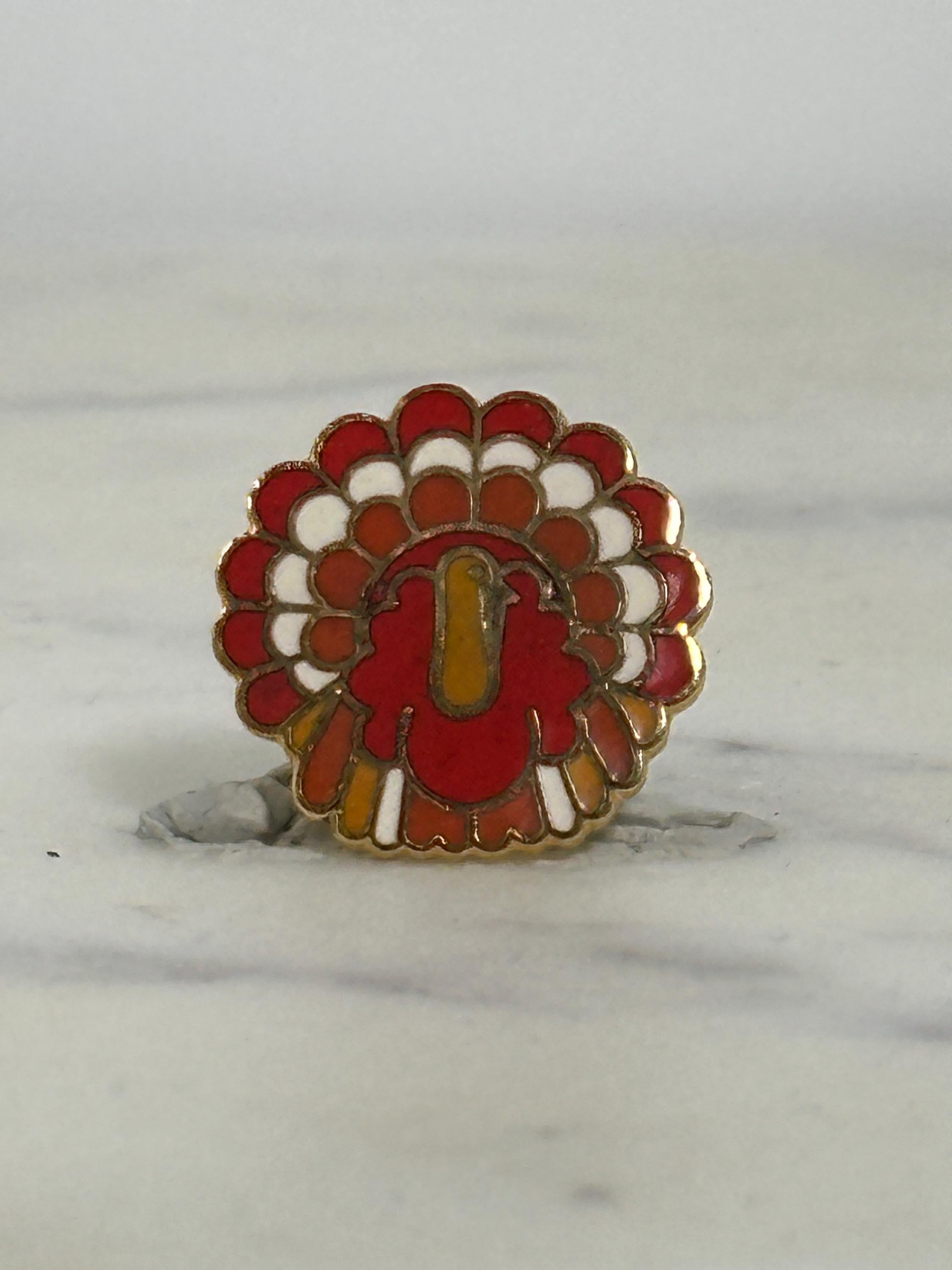 Turkey Enamel Pin: Red Orange Gold Cloisonné - Vintage Fall Accessory