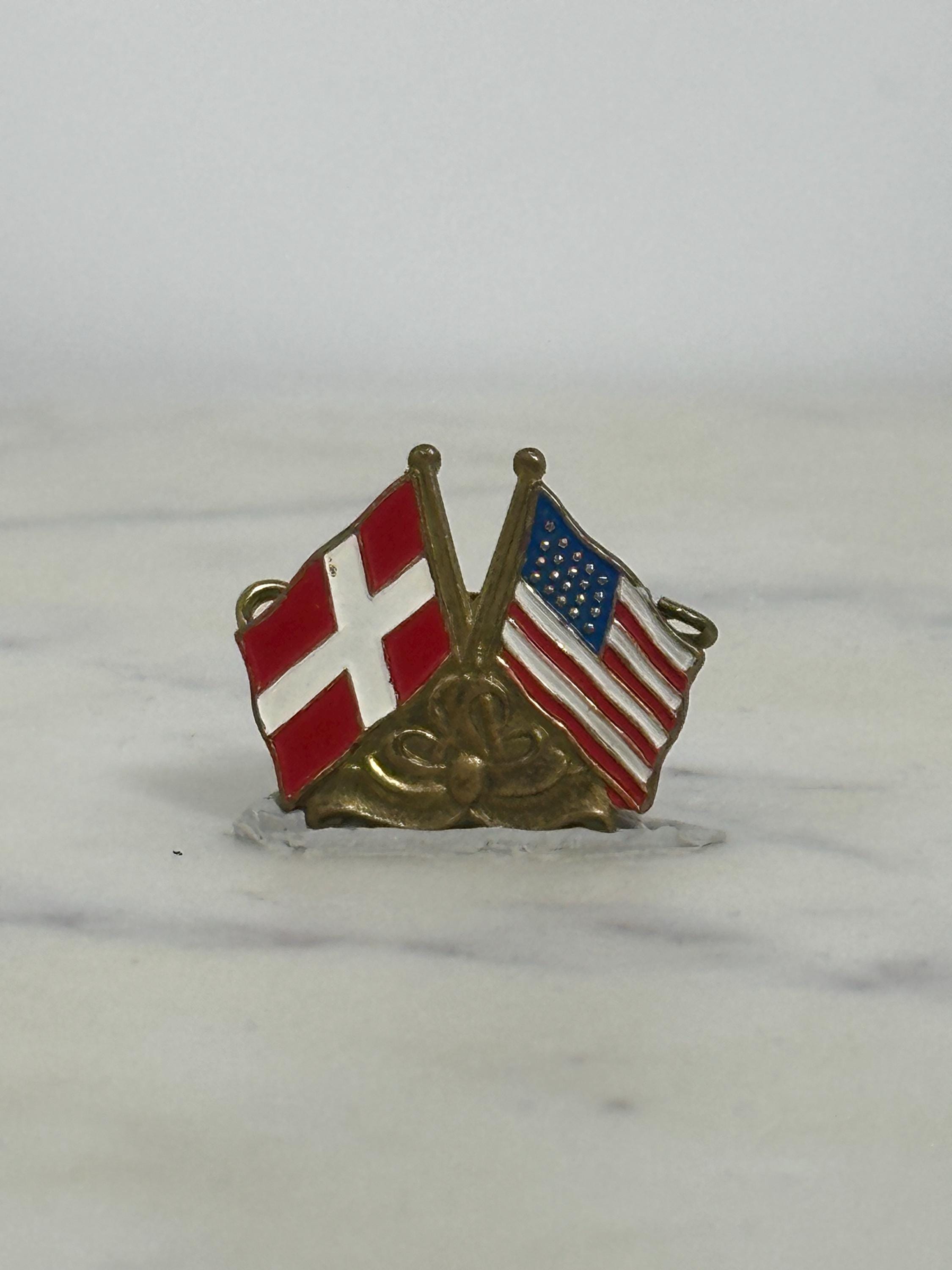 Denmark USA Flags Enamel Pin: Red White Gold - Vintage Patriotic Accessory