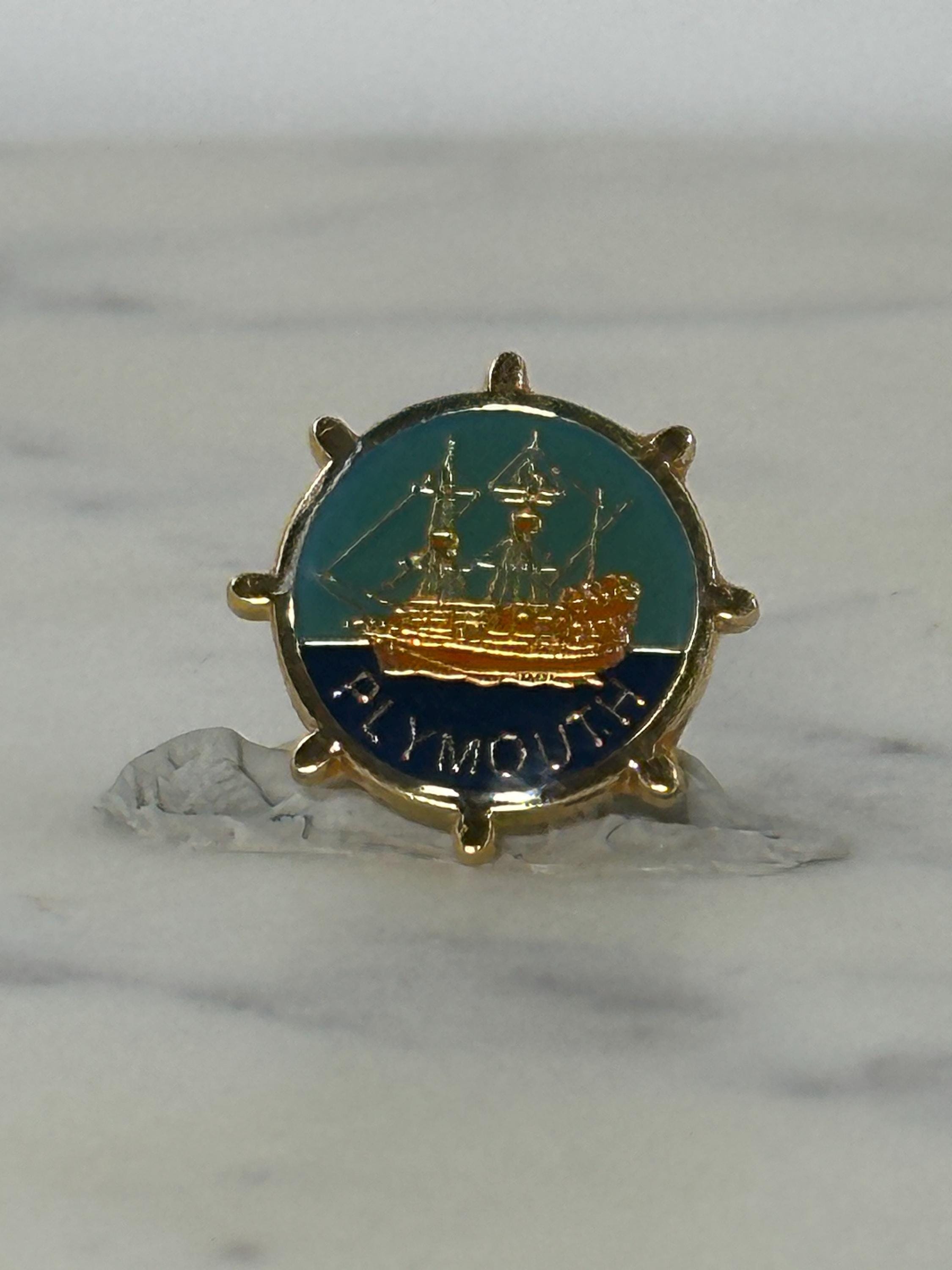 Plymouth Ship Enamel Pin: Gold Blue Nautical - Souvenir Collectible