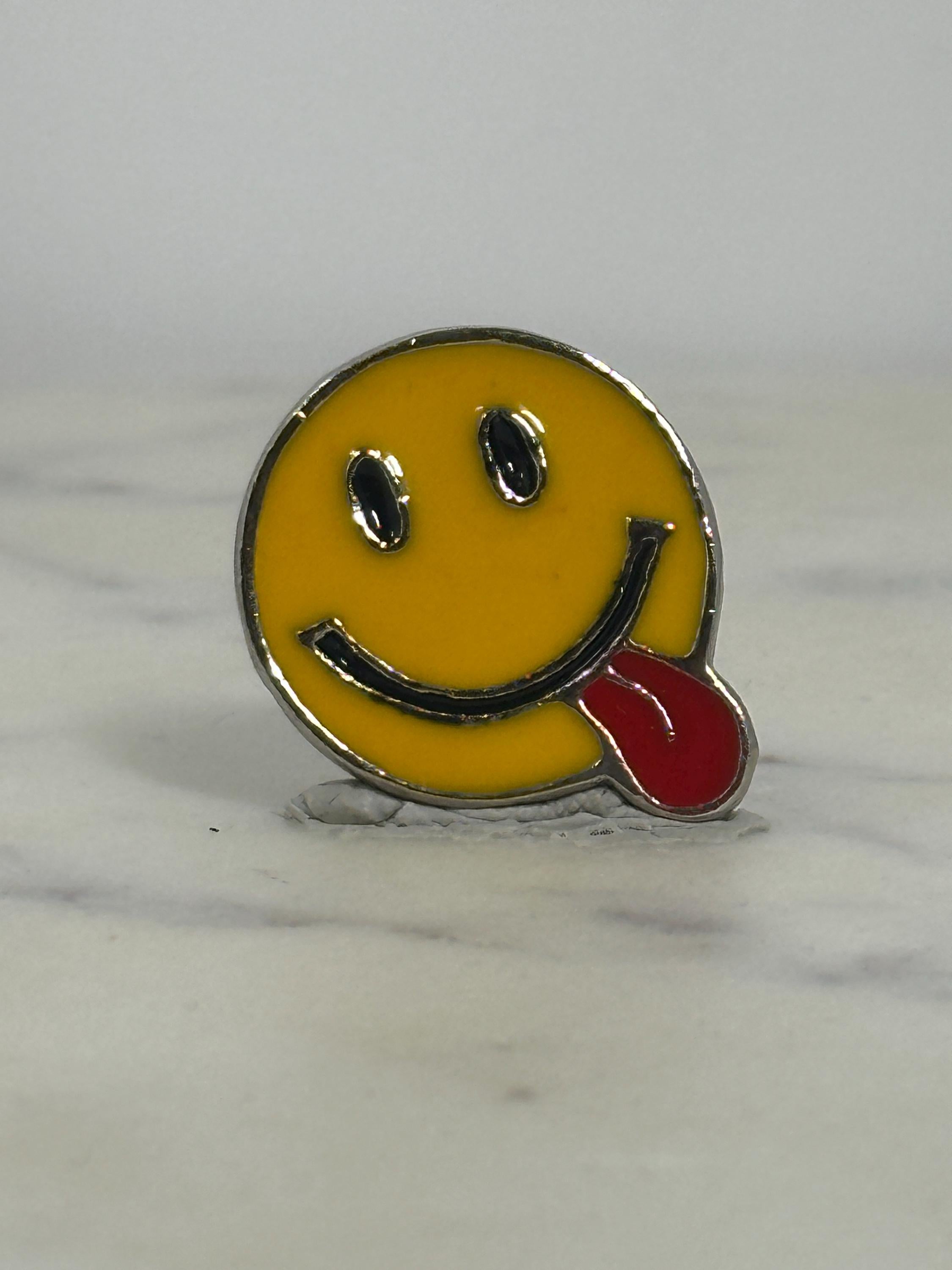 Silly Smiley Face Enamel Pin: Yellow Red Tongue - 90s Style Accessory
