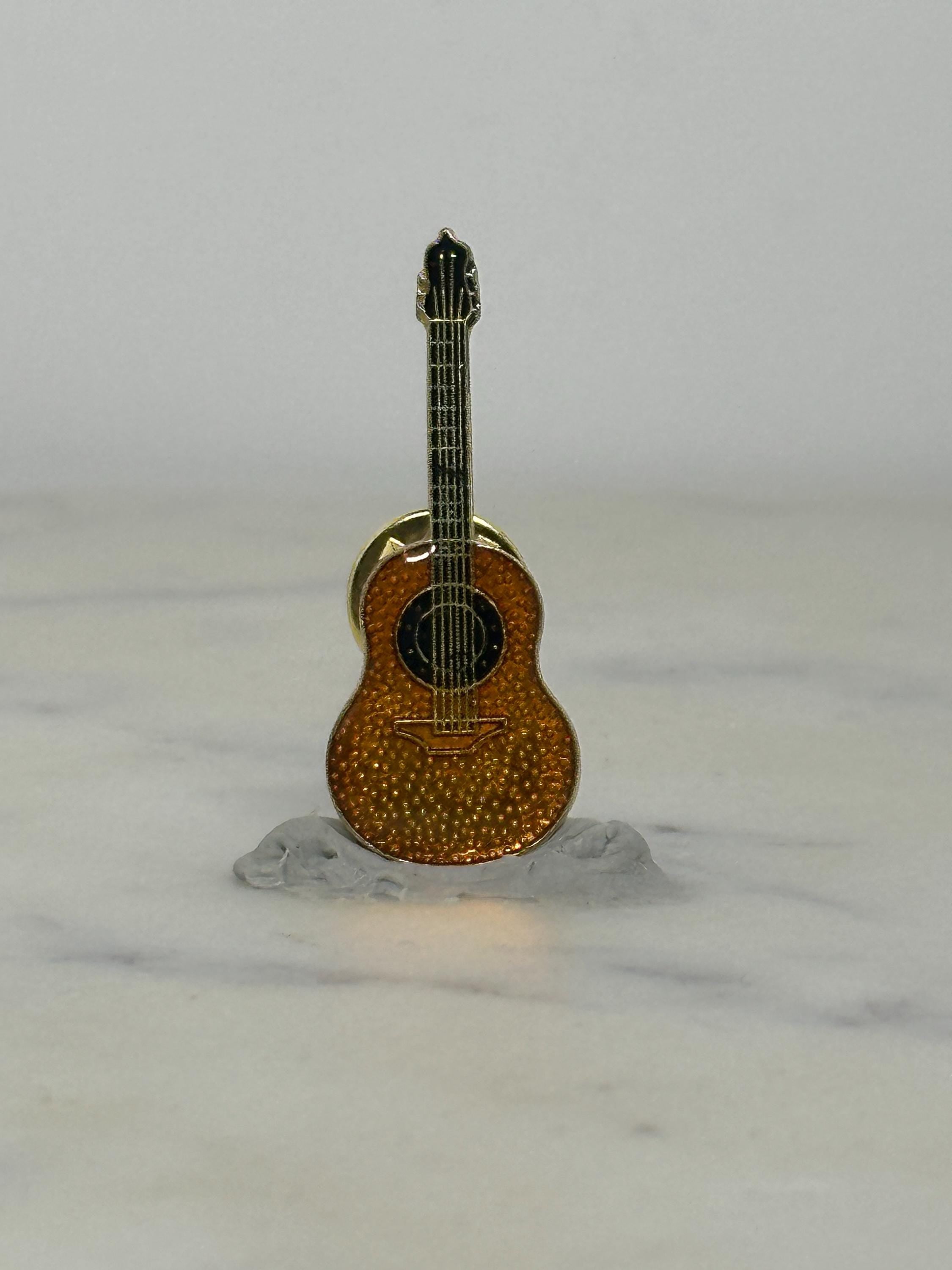 Acoustic Guitar Enamel Pin: Gold & Brown Glitter - Retro Music Accessory