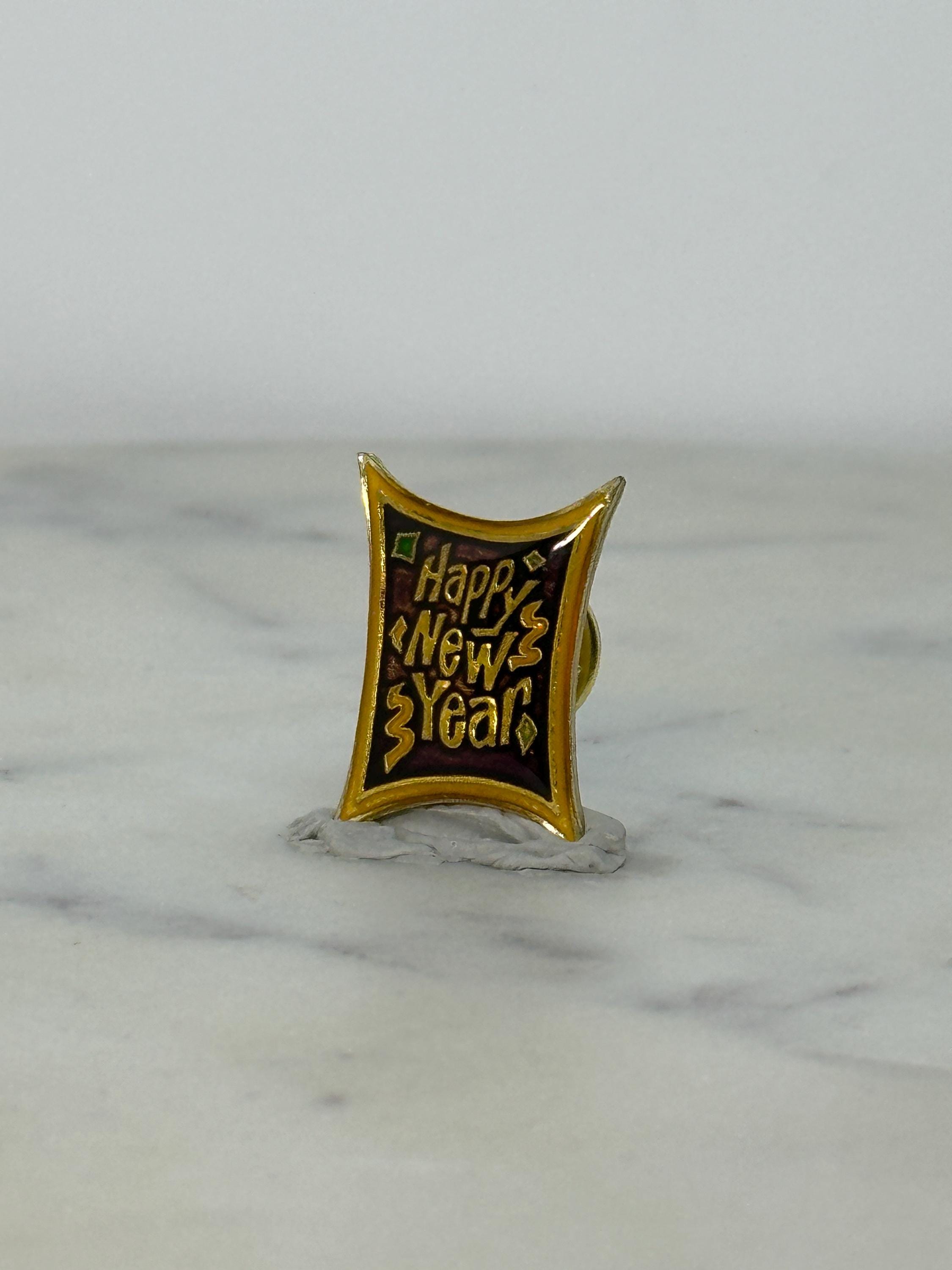 Happy New Year Enamel Pin: Gold & Black Finish - Retro Celebration Accessory