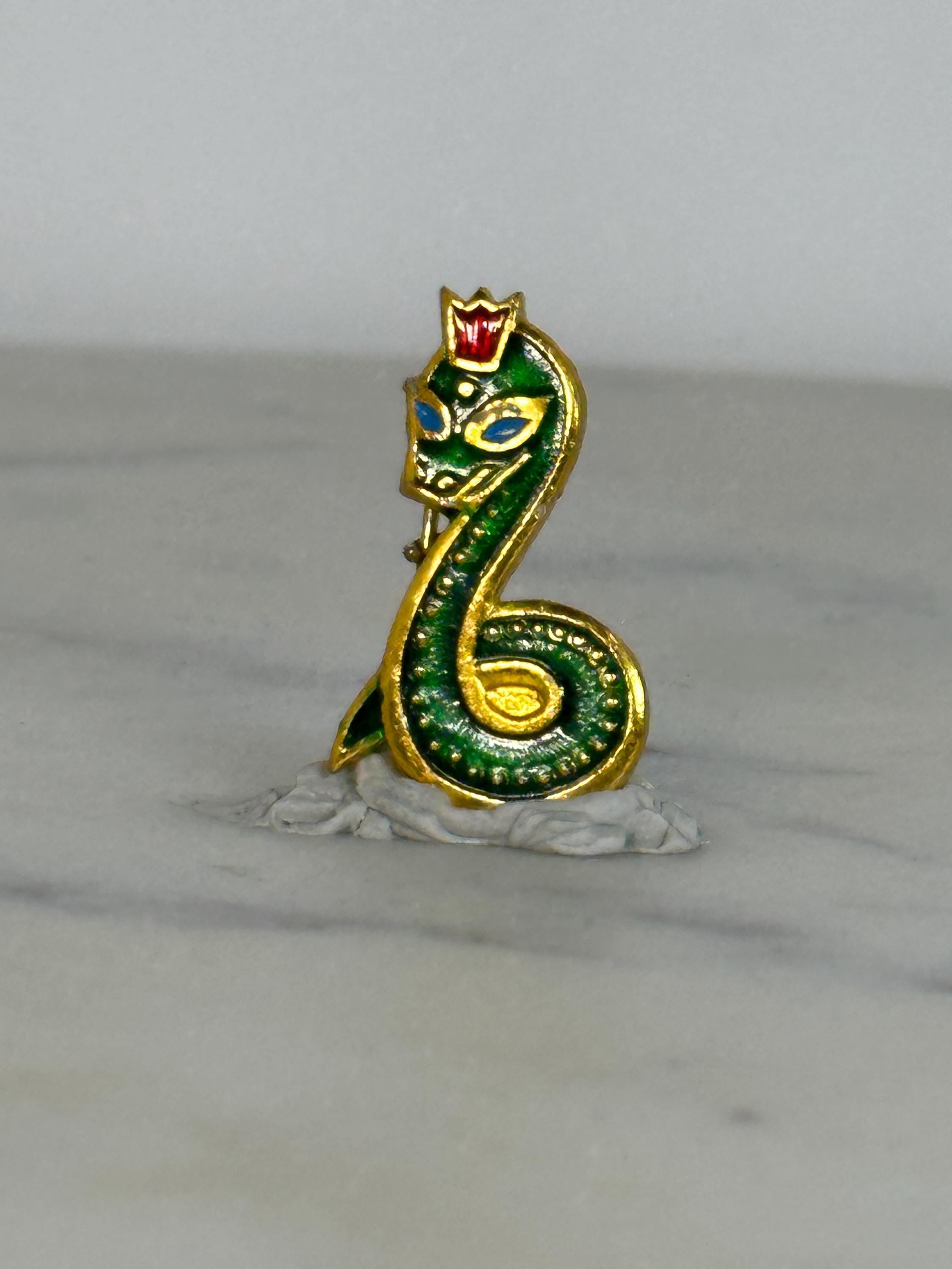 Crowned Serpent Enamel Pin: Green Snake with Red Crown – Vintage Eastern European Style