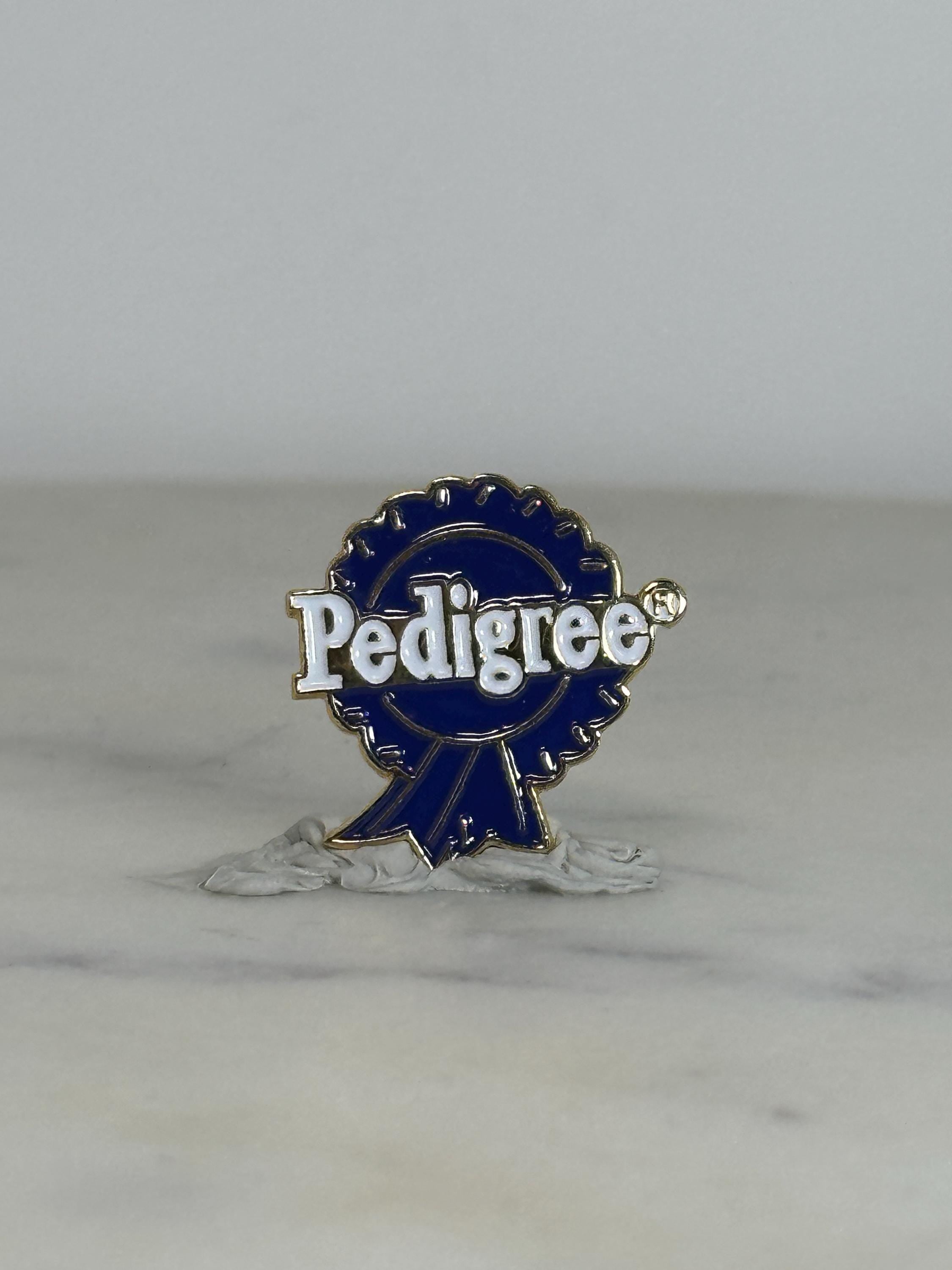 Pedigree Ribbon Enamel Pin: Blue & Silver Badge - 90s Promo Accessory