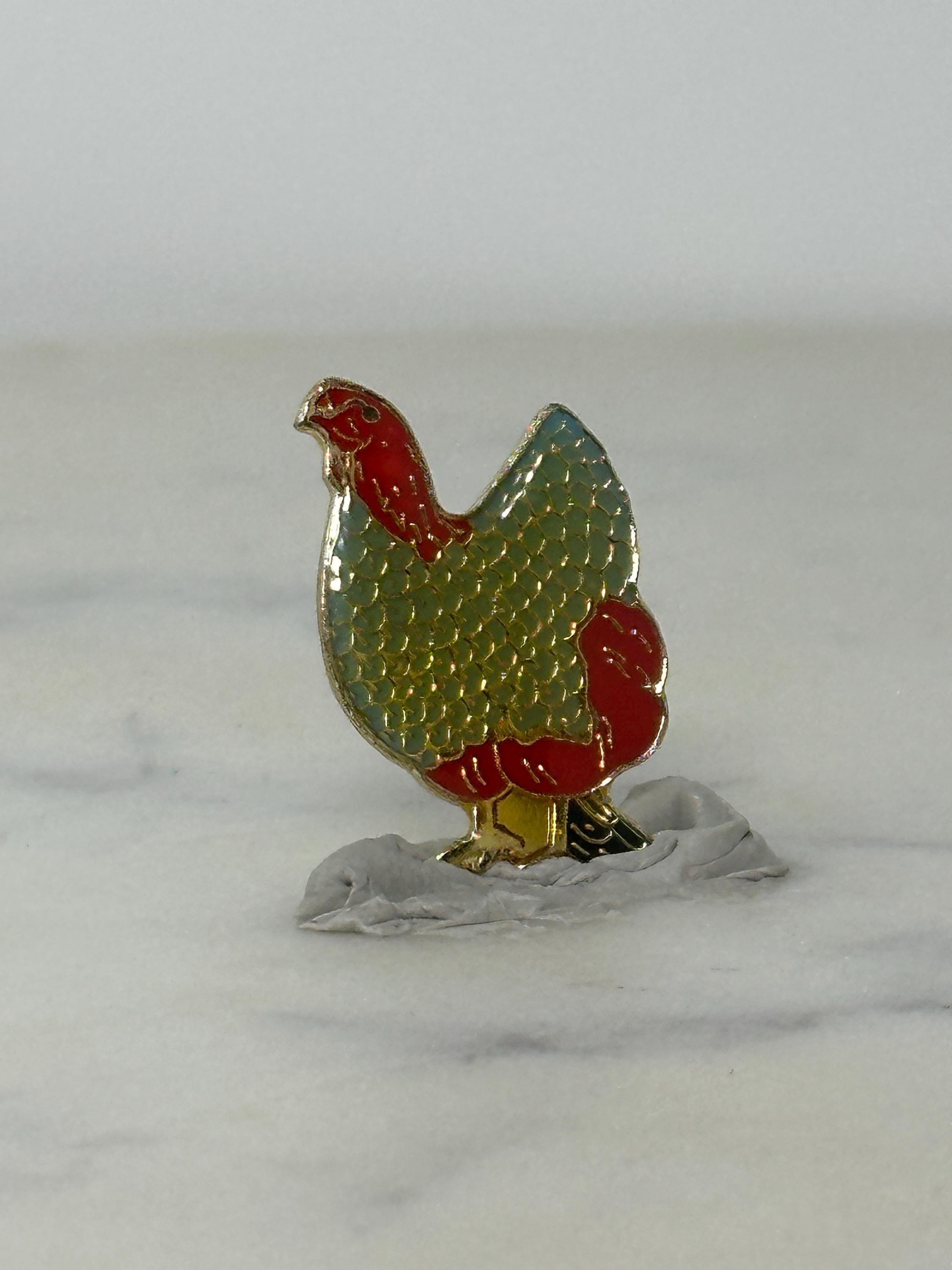 Chicken Enamel Pin: Red & Green Cloisonné Style - Farm Animal Accessory