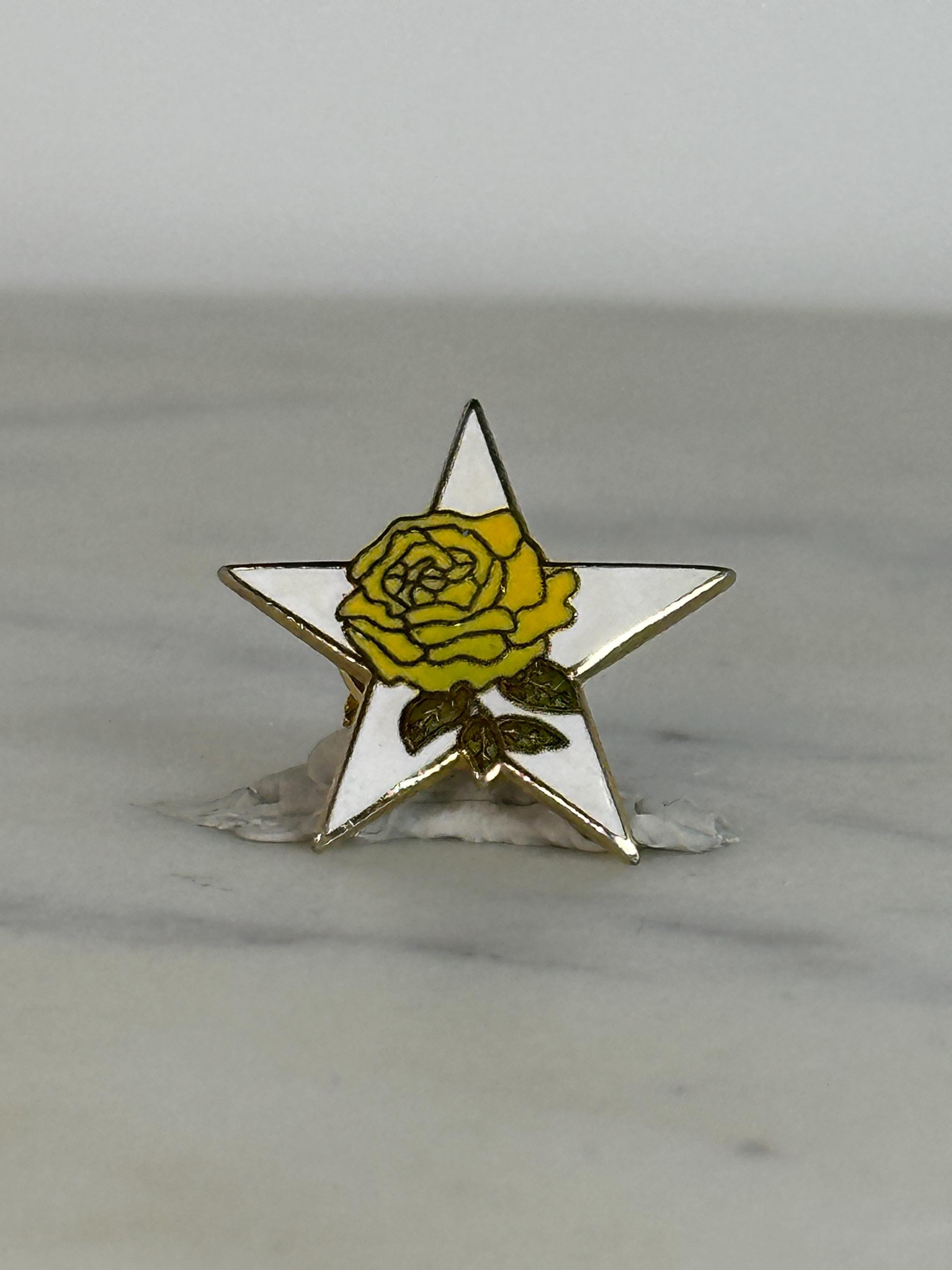 Order of the Eastern Star Pin: Yellow Rose on White Star – Fraternal Vintage Lapel Collectible