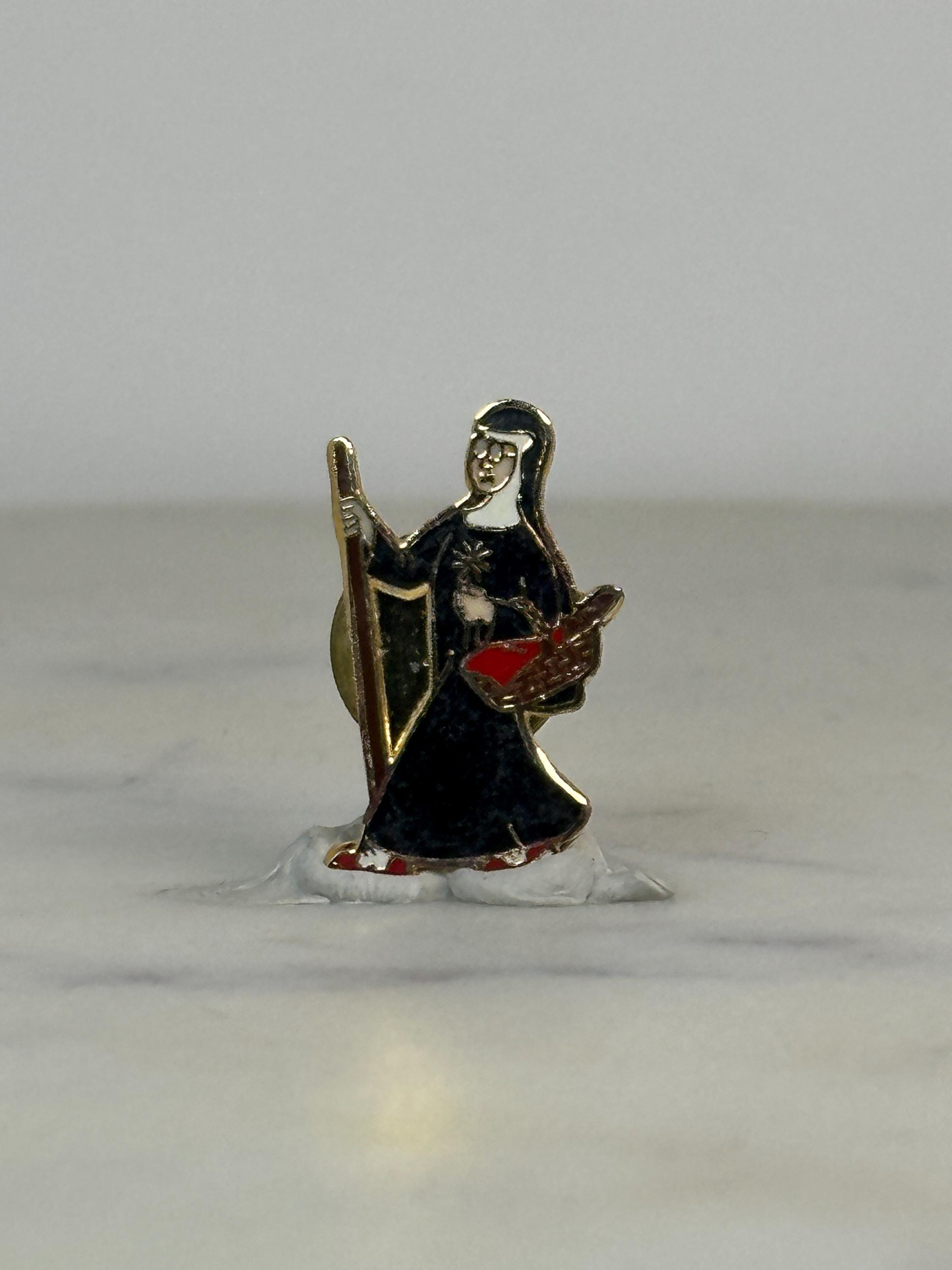 Saint Nun Enamel Pin: Black Cloak Gold Trim - Vintage Religious Accessory