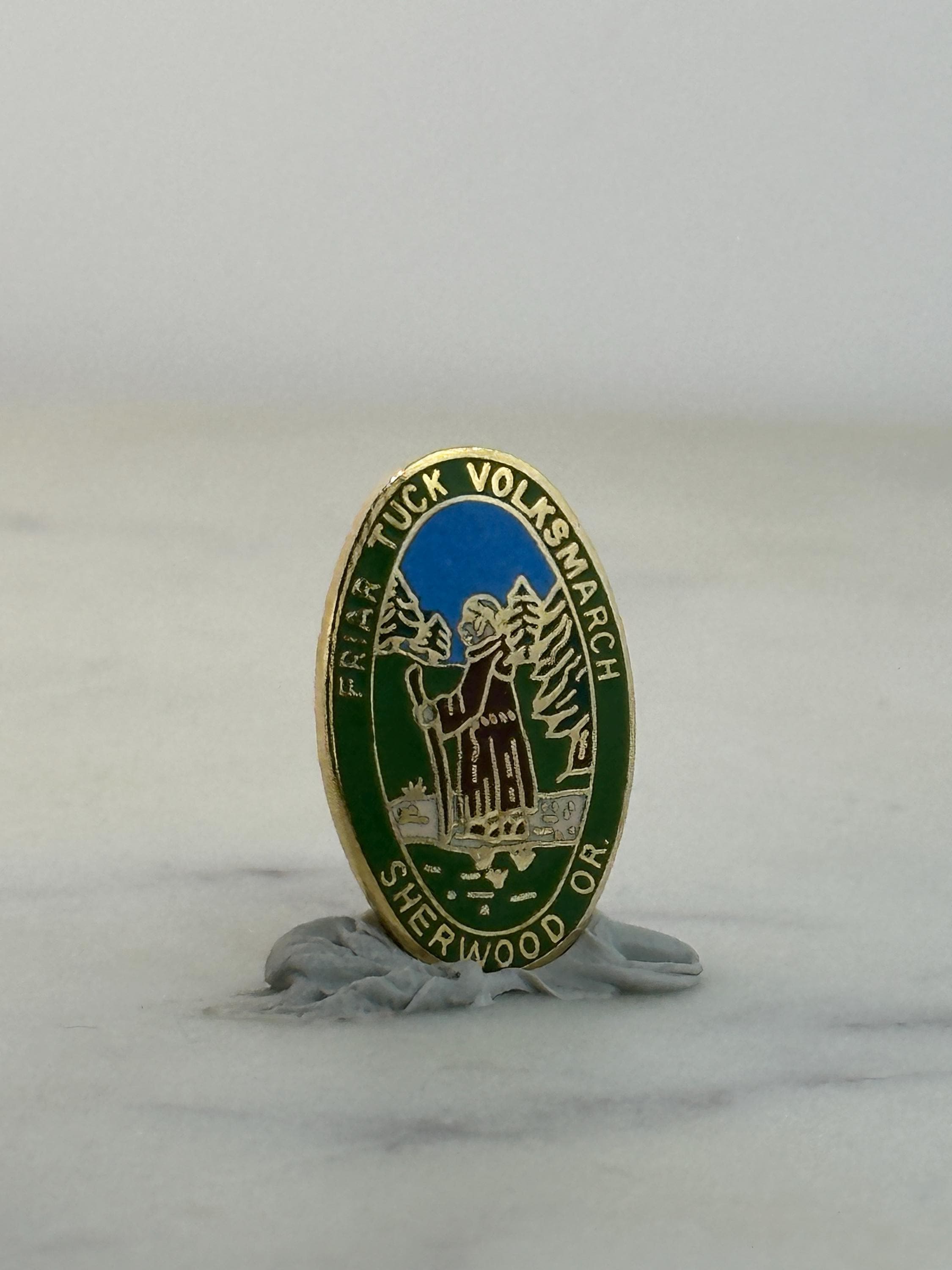 Friar Tuck Volksmarch Enamel Pin: Green Oval Hiking Badge - Vintage Event Accessory