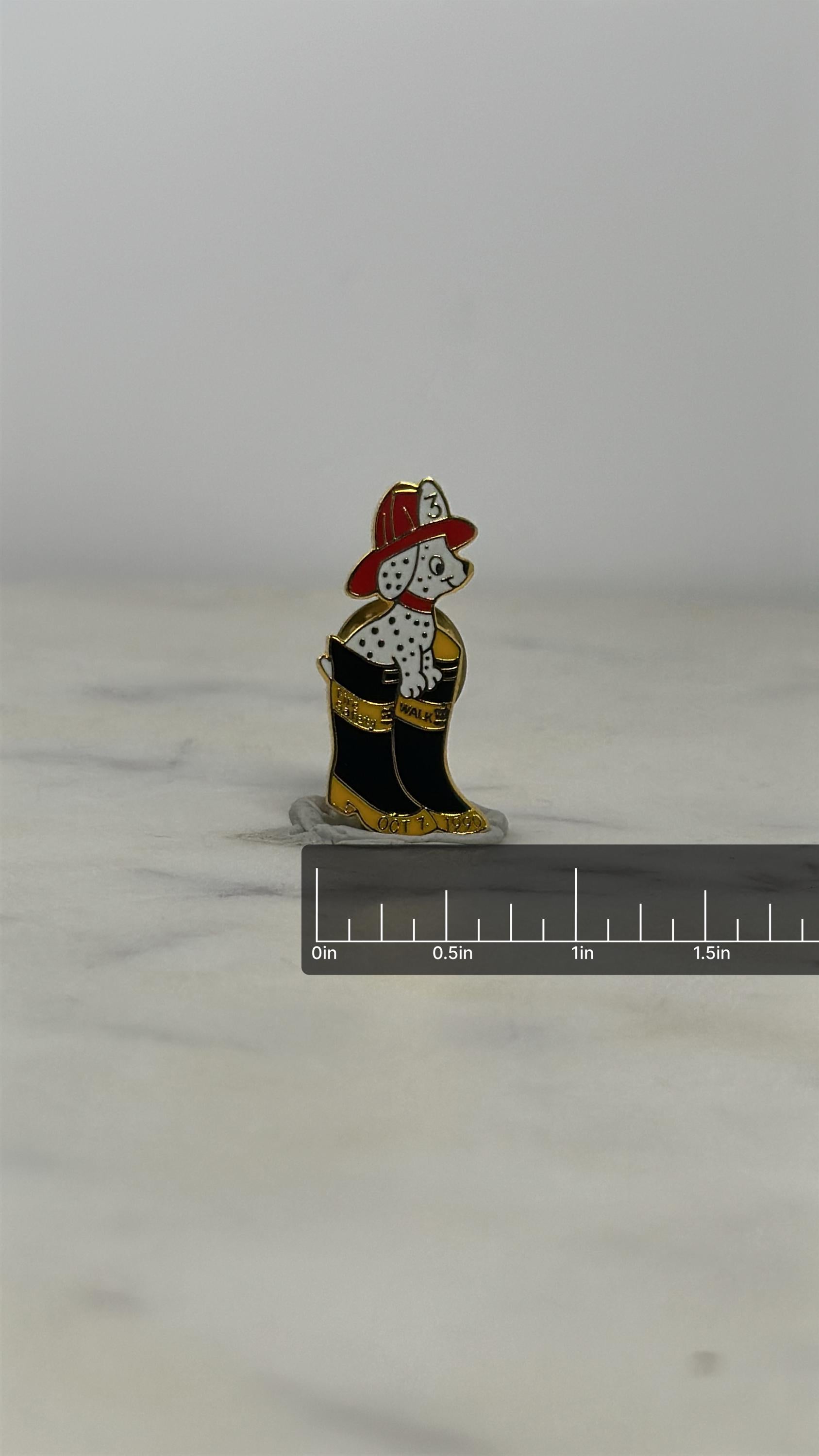 Firefighter Dalmatian Enamel Pin: Black/Red Gold-Tone - 1990s Collectible Accessory with ruler overlay for size reference