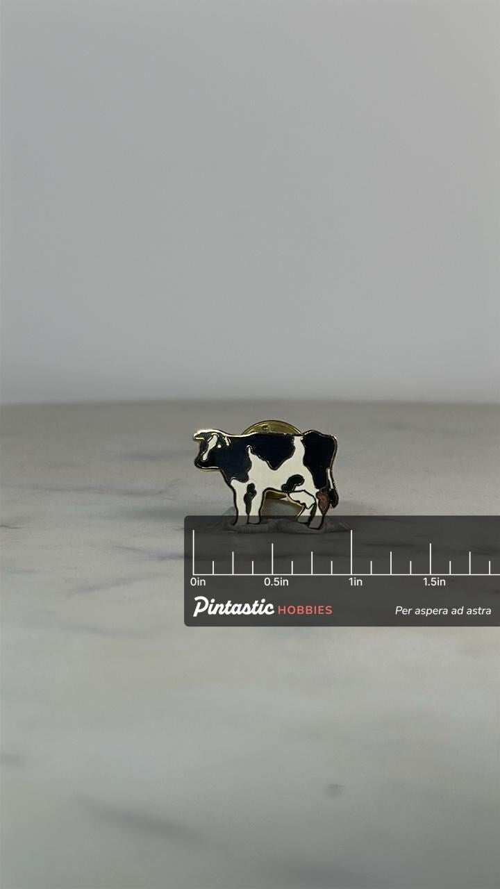 Cow Enamel Pin: Black & White Cloisonné - Farm Animal Accessory with ruler overlay for size reference