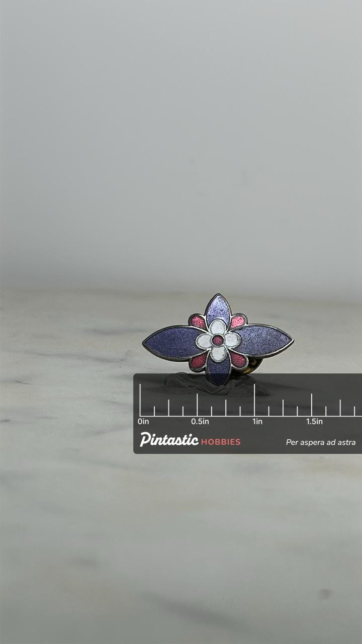 Floral Enamel Pin: Purple & Pink Cloisonné - Vintage Style Accessory with ruler overlay for size reference