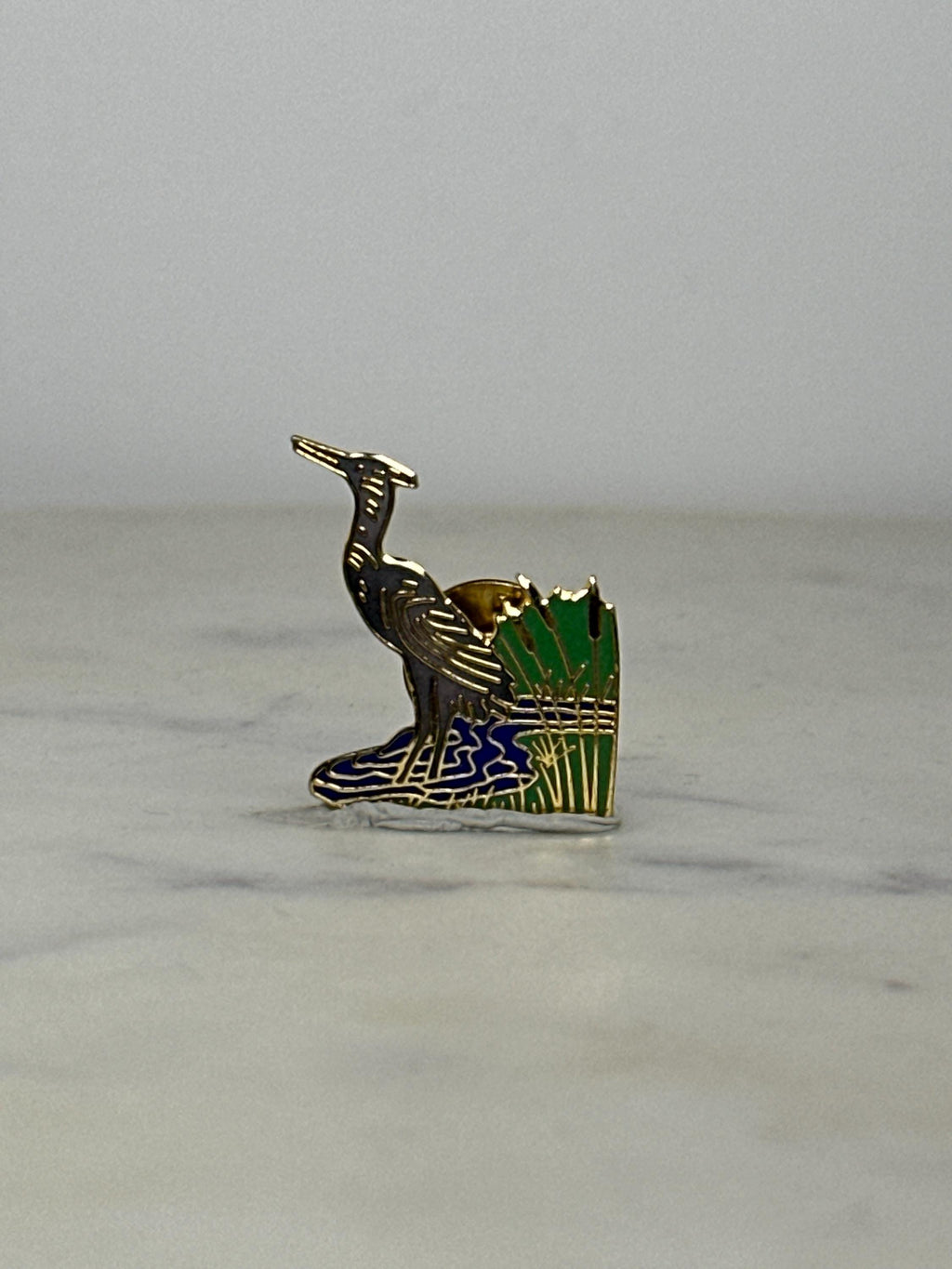 Heron Enamel Pin: Gold Tone Green & Blue - Nature Scene Accessory