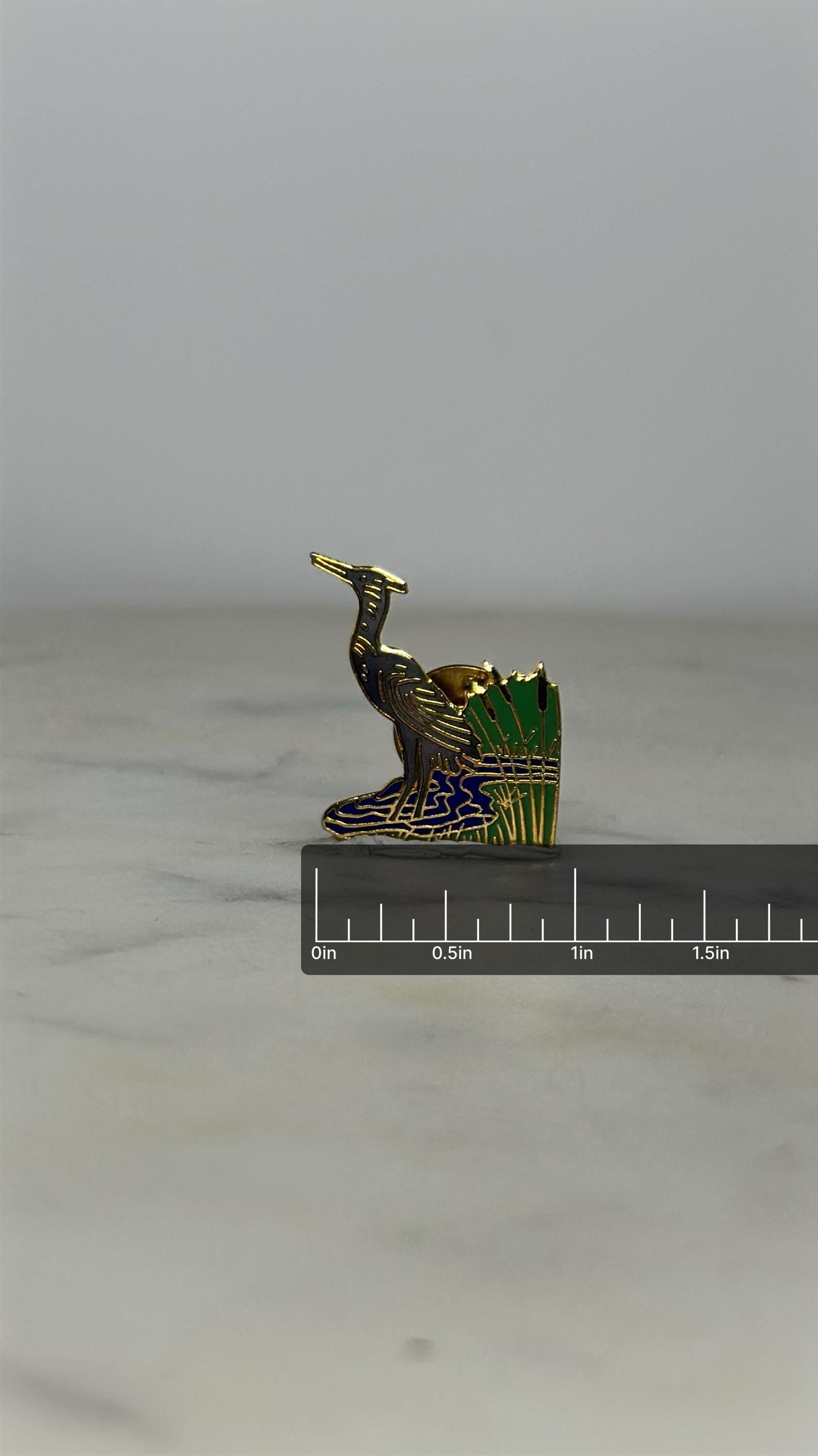 Heron Enamel Pin: Gold Tone Green & Blue - Nature Scene Accessory with ruler overlay for size reference