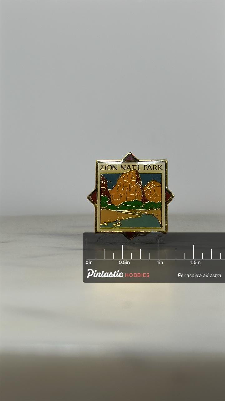 Zion National Park Souvenir Pin: Gold-Tone Enamel - Vintage Travel Accessory with ruler overlay for size reference