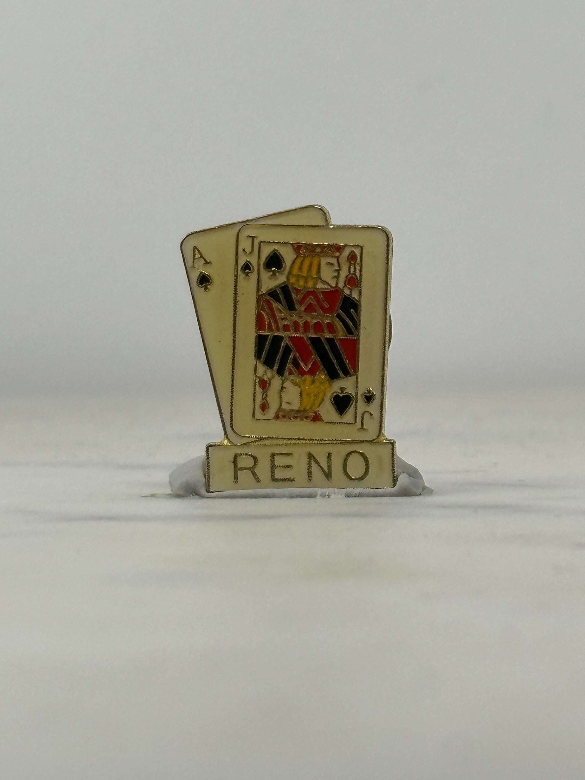 Reno Casino Playing Cards Pin: Gold Enamel Finish - Vintage Souvenir Accessory