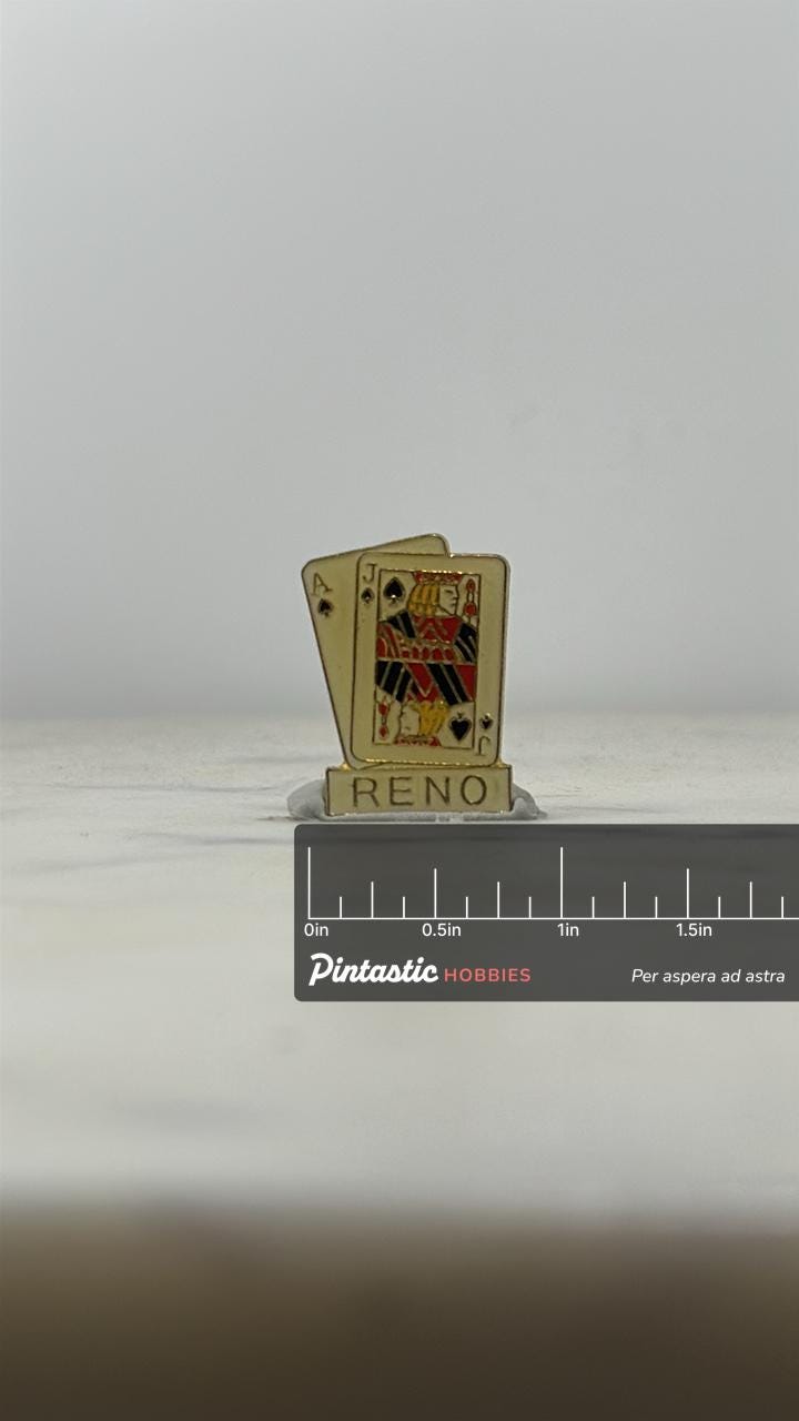 Reno Casino Playing Cards Pin: Gold Enamel Finish - Vintage Souvenir Accessory with ruler overlay for size reference