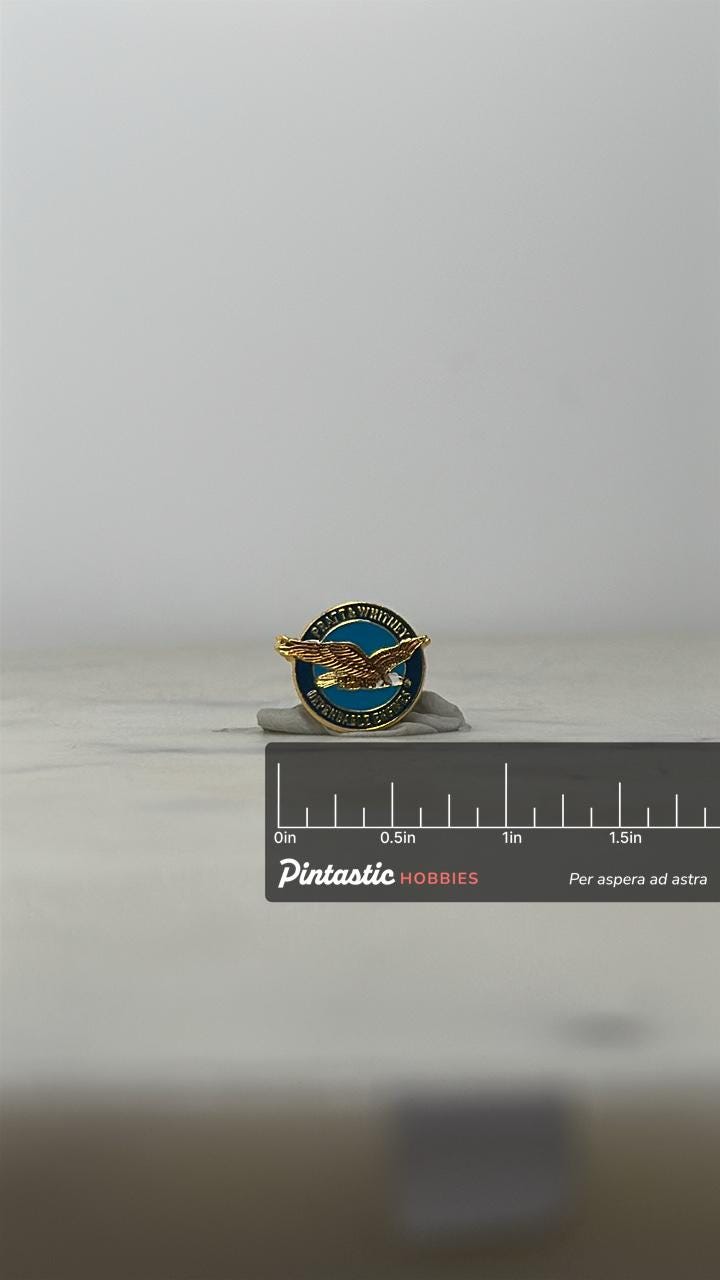 Pratt & Whitney Enamel Pin: Gold and Blue Eagle Logo - Aviation Collectible with ruler overlay for size reference