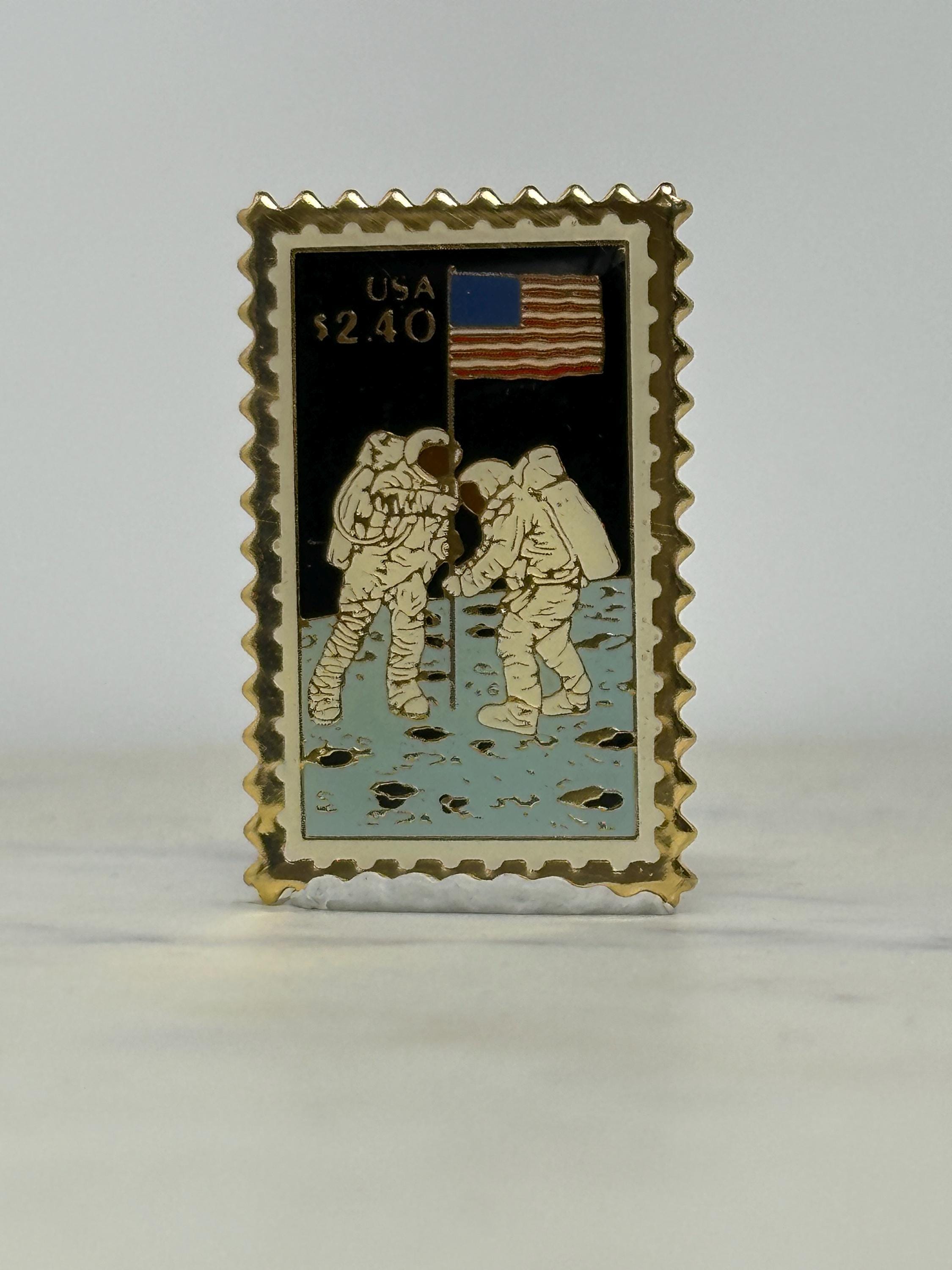 Moon Landing Postage Stamp Pin: Gold Enamel NASA - Space Collectible Accessory