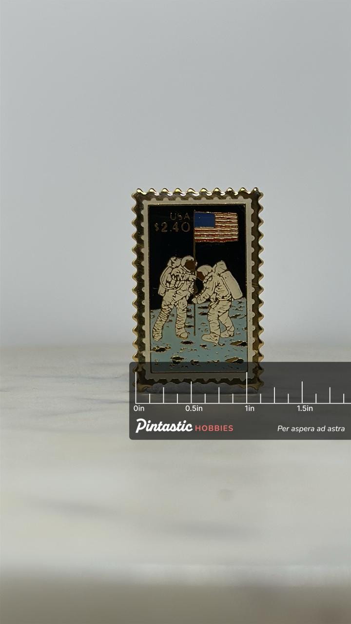 Moon Landing Postage Stamp Pin: Gold Enamel NASA - Space Collectible Accessory with ruler overlay for size reference