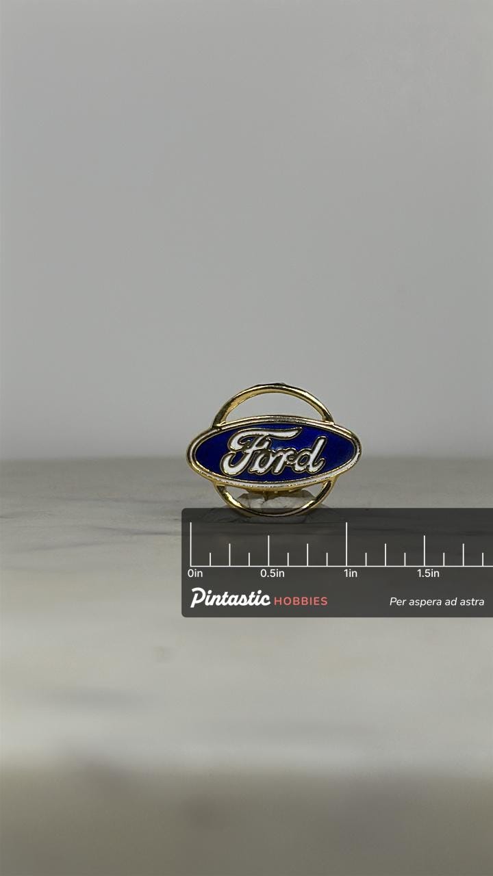 Ford Logo Enamel Pin: Blue Gold Tone - Vintage Auto Accessory with ruler overlay for size reference