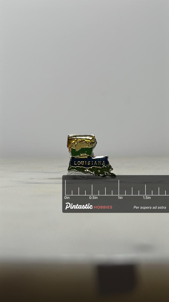 Louisiana State Enamel Pin: Multicolor Souvenir - Vintage Travel Accessory with ruler overlay for size reference