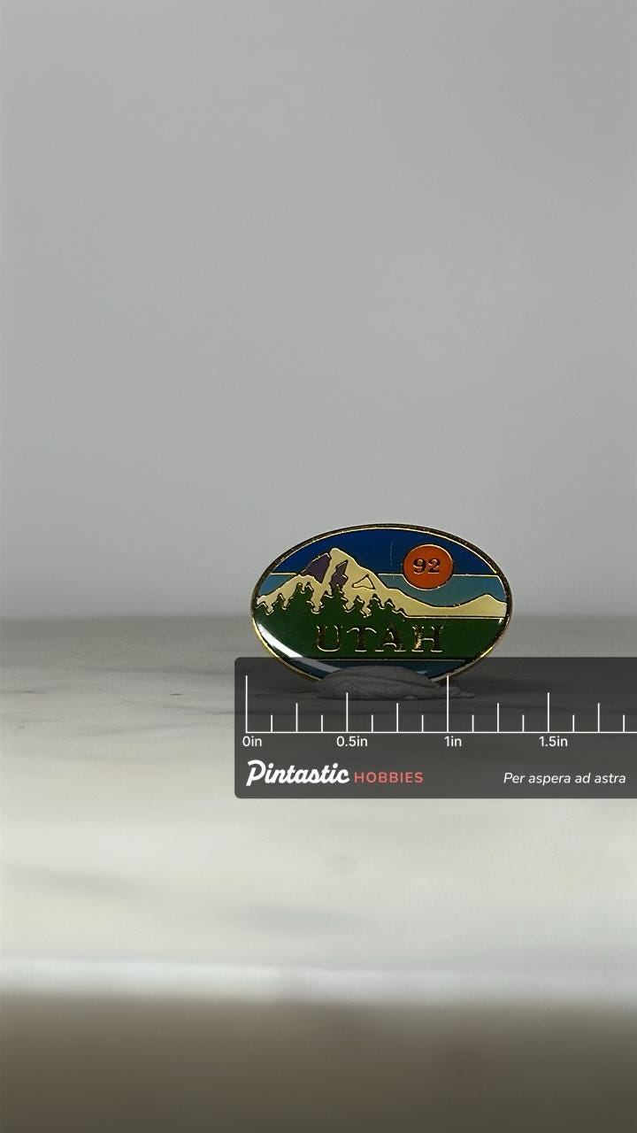Utah Souvenir Enamel Pin: Scenic Mountainscape - 90s Travel Accessory with ruler overlay for size reference