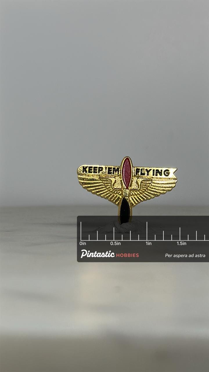 WWII Aviation Enamel Pin: Gold Wings Red/Black Prop - Patriotic Accessory with ruler overlay for size reference