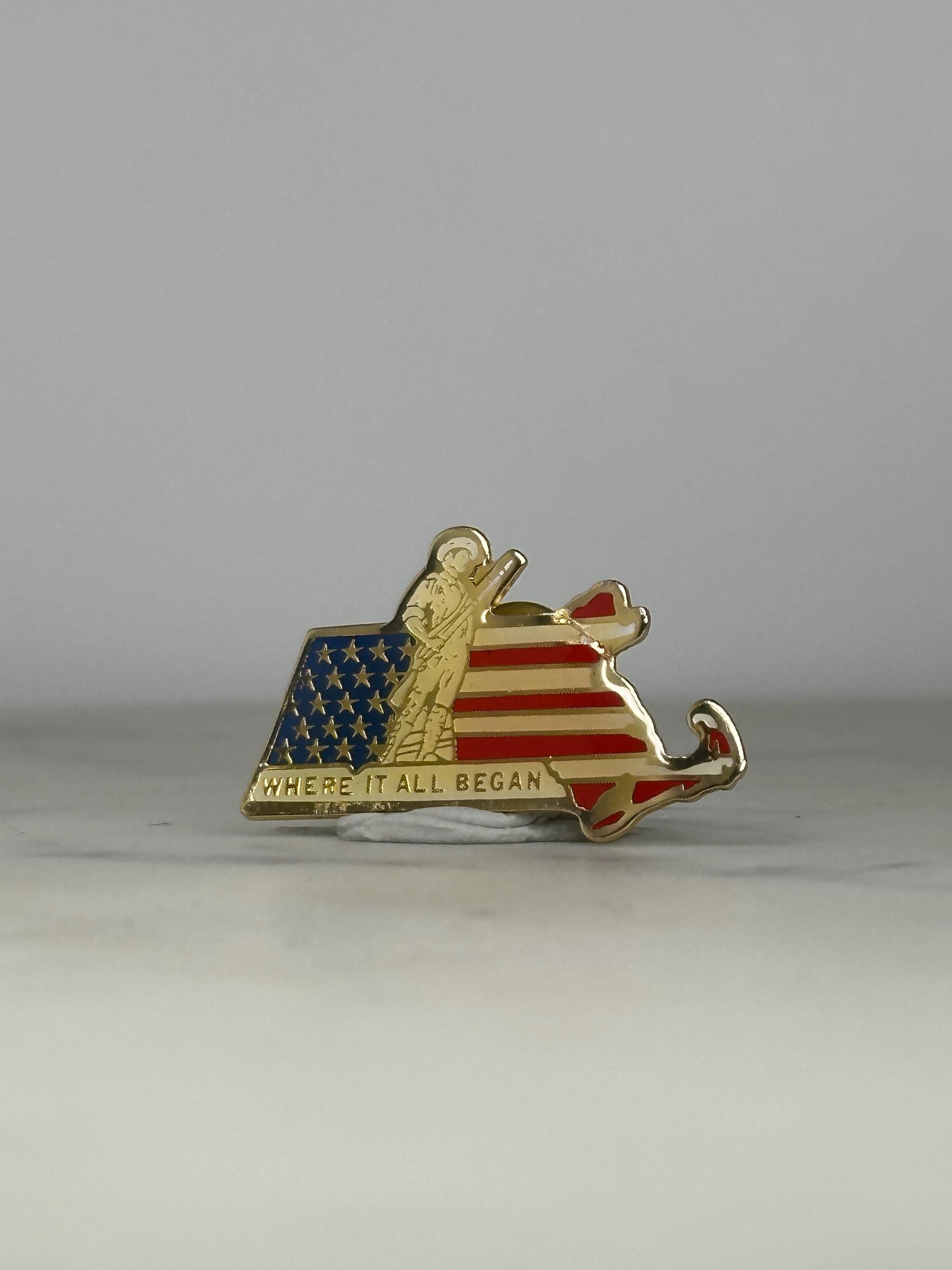 Massachusetts Enamel Pin: Gold Red White Blue - Patriotic State Accessory